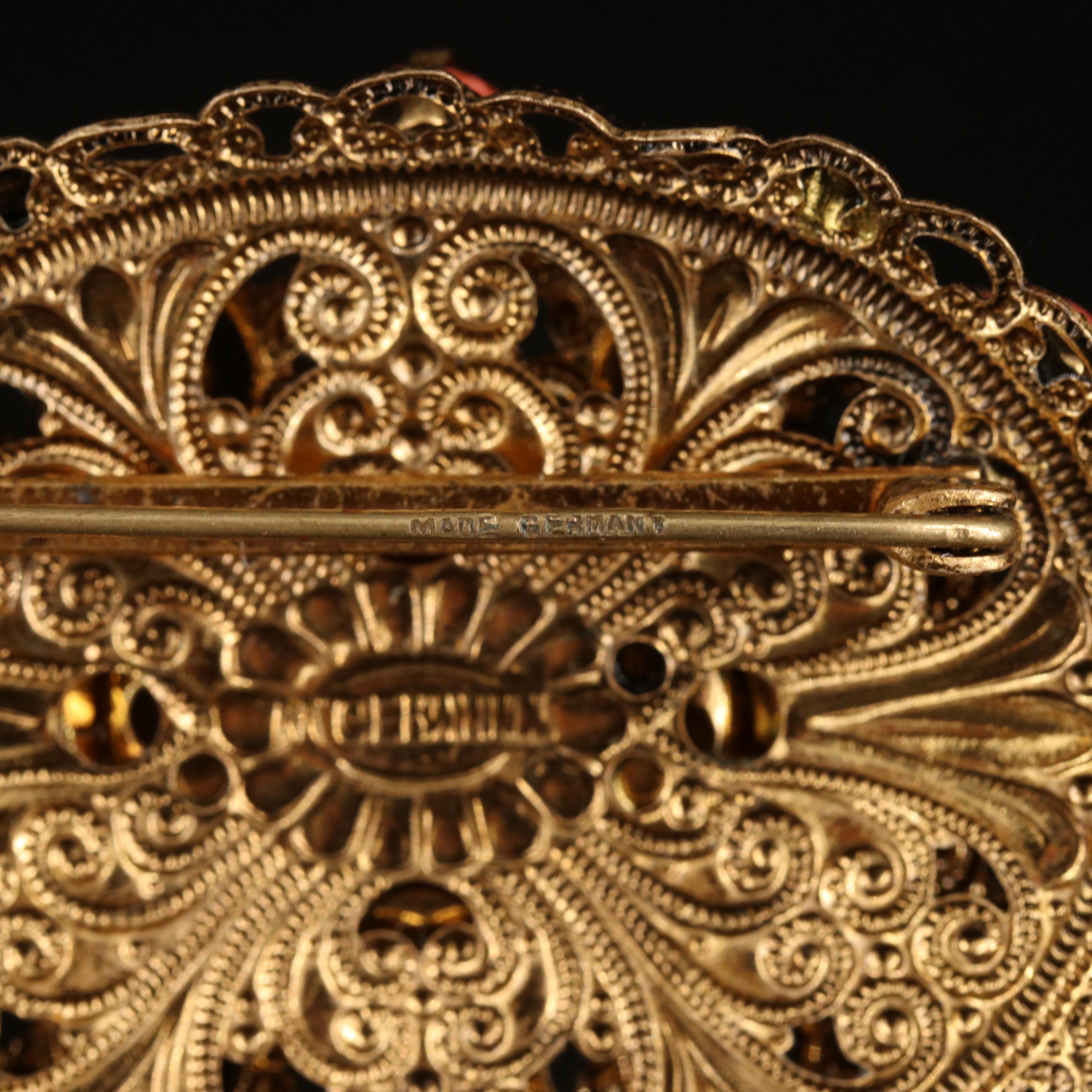 1950s West German Gilt Metal Art Glass Brooch