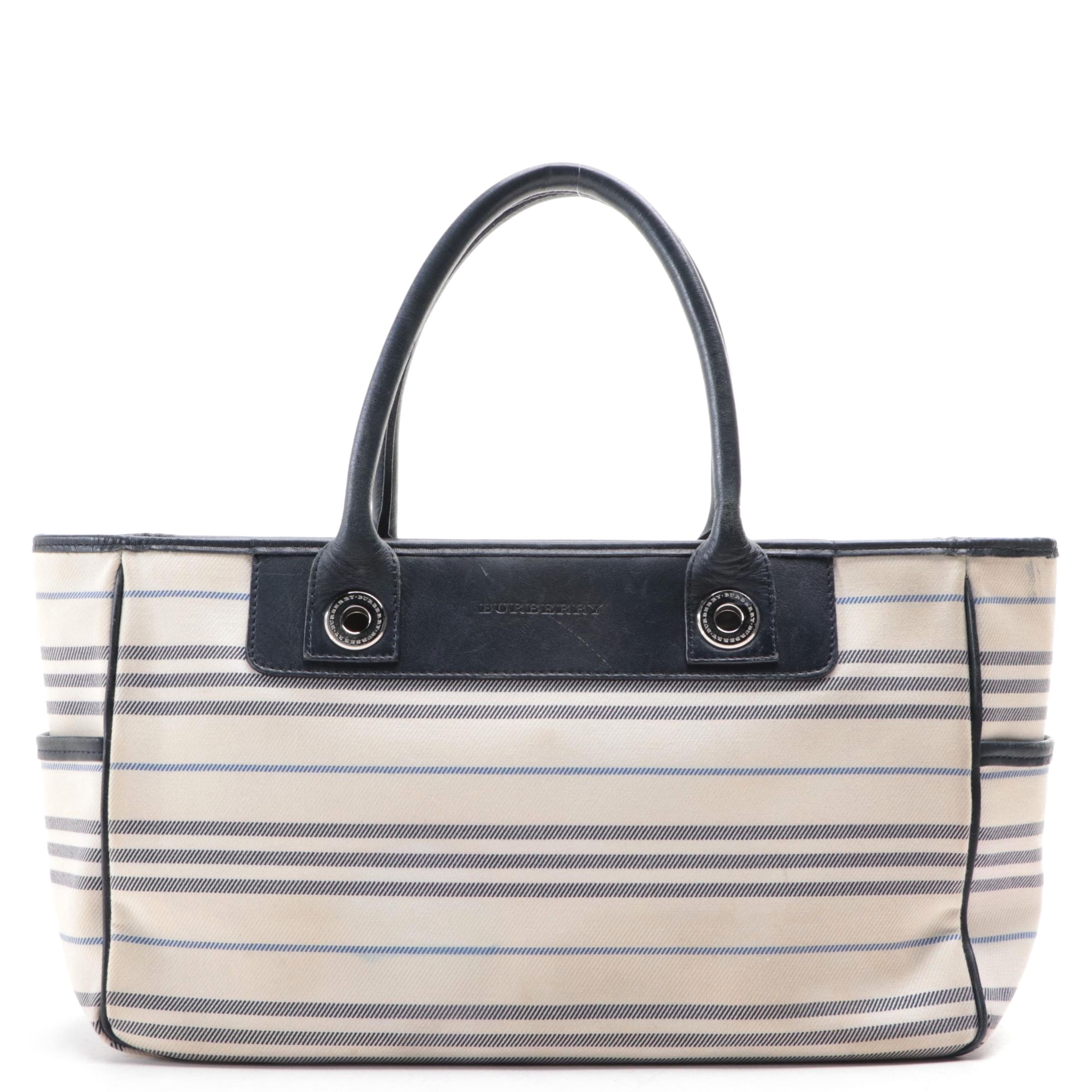 Burberry Striped Canvas and Leather Tote Bag