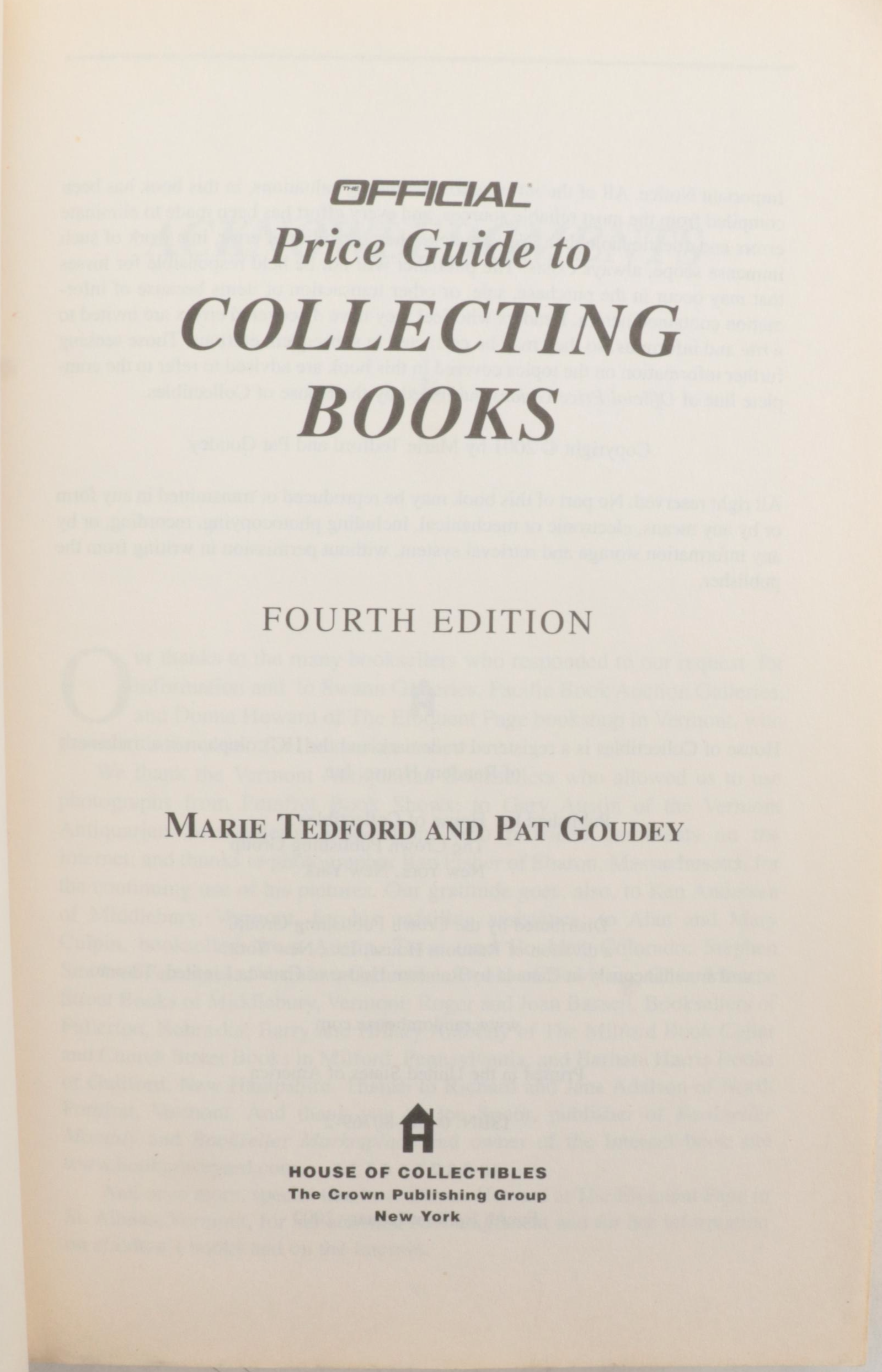 "Official Price Guide to Collecting Books" by Marie Tedford and More
