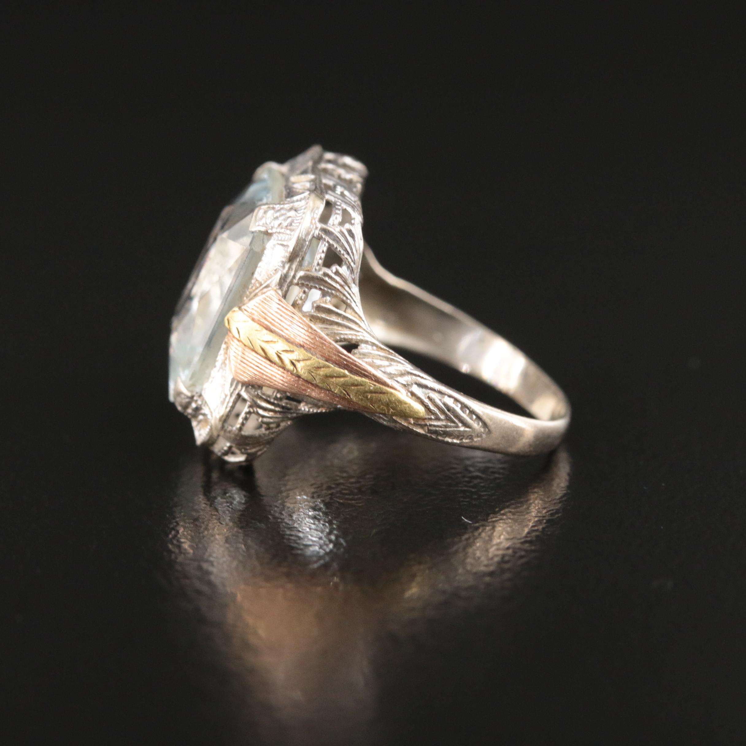 Vintage 10K Aquamarine Ring with Two-Tone Accents