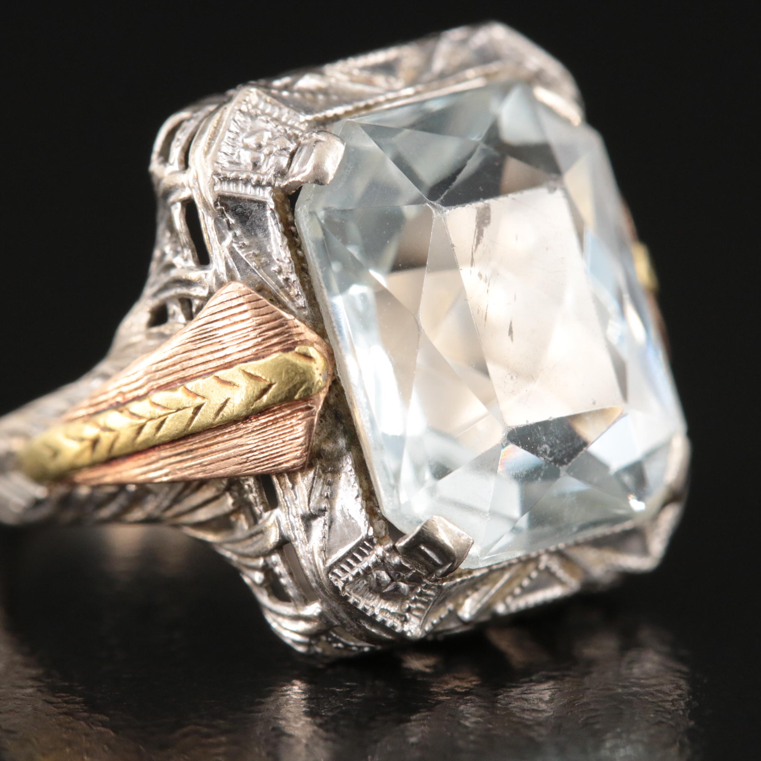 Vintage 10K Aquamarine Ring with Two-Tone Accents