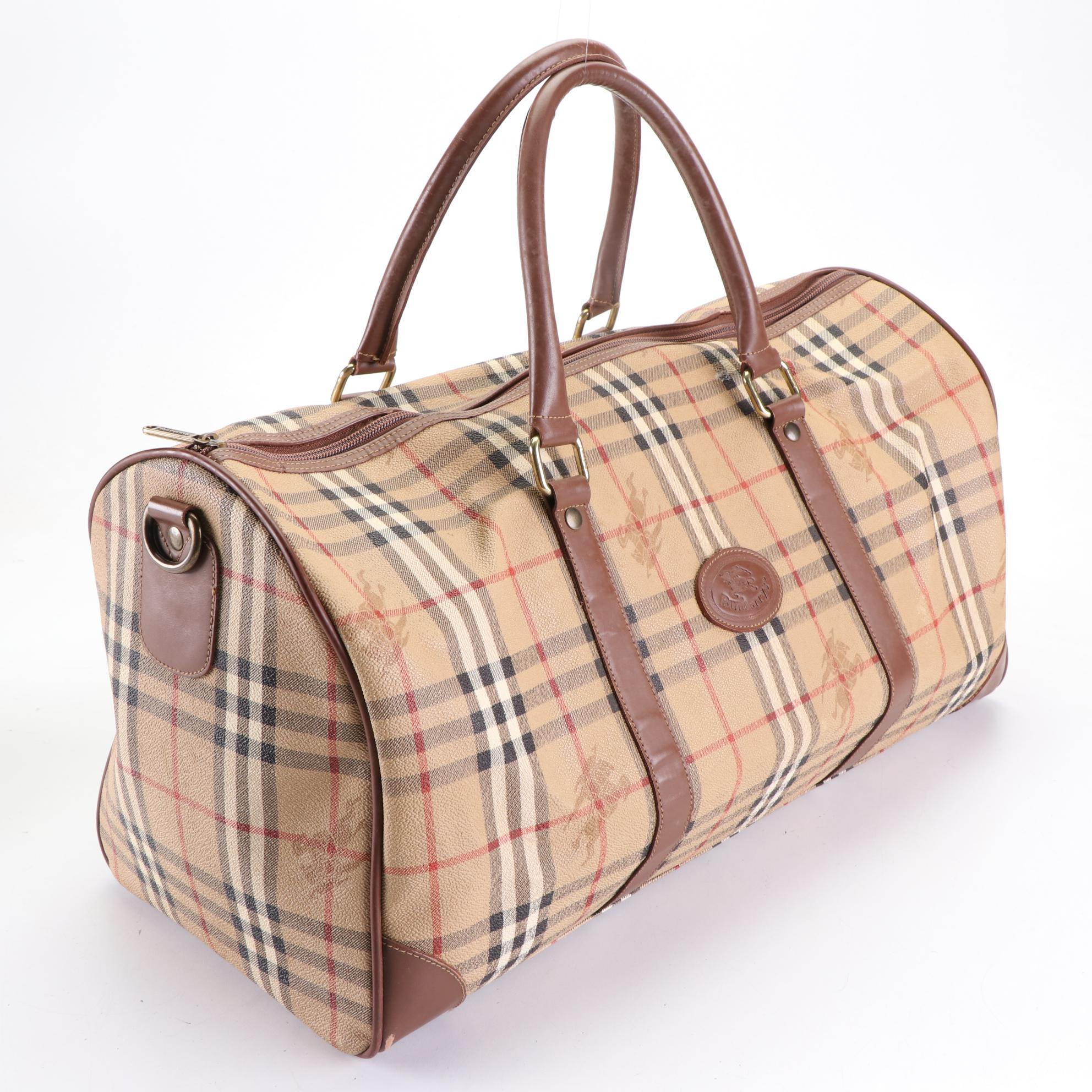 Burberrys Large Travel Bag in Haymarket Check Coated Canvas and Leather Trim