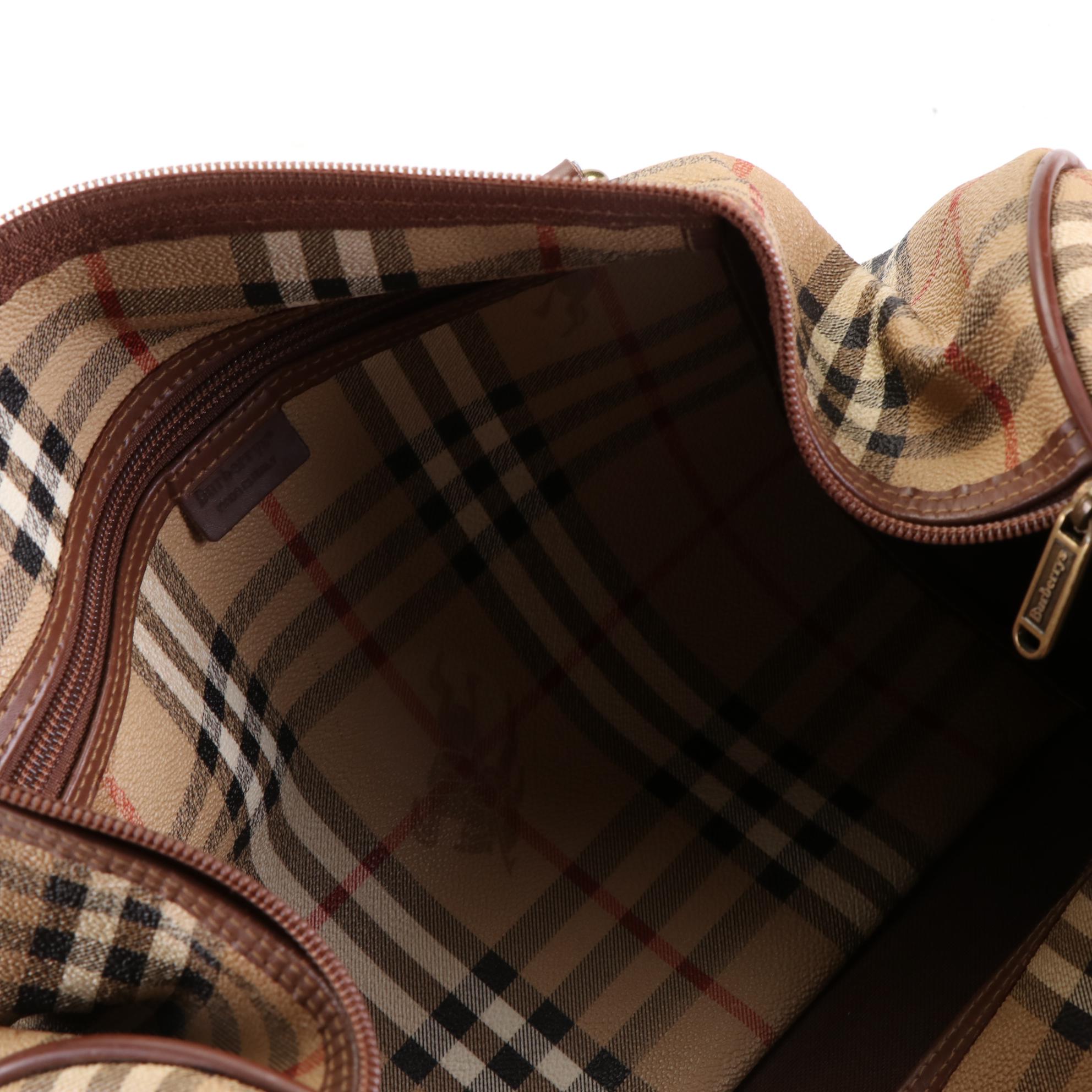 Burberrys Large Travel Bag in Haymarket Check Coated Canvas and Leather Trim