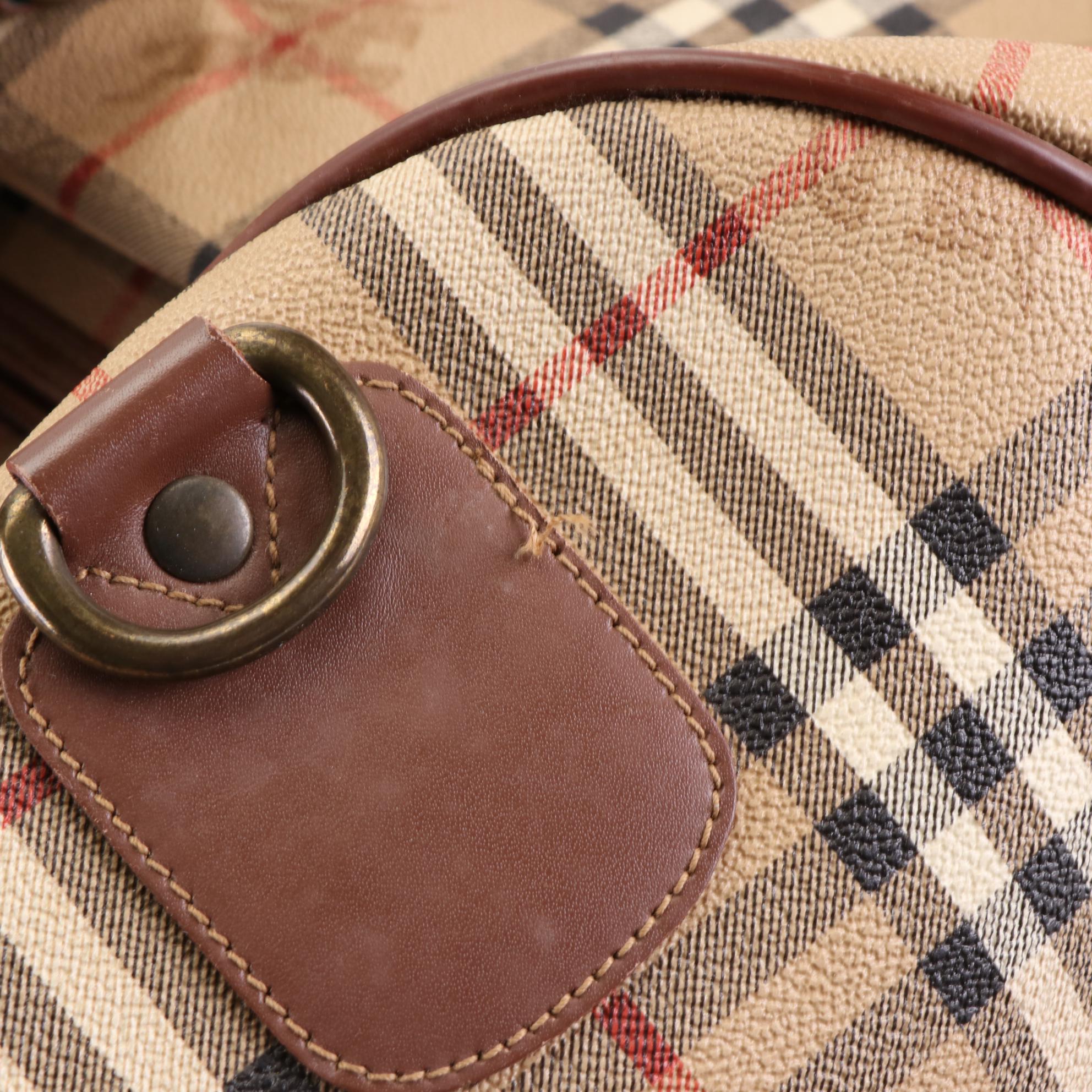 Burberrys Large Travel Bag in Haymarket Check Coated Canvas and Leather Trim