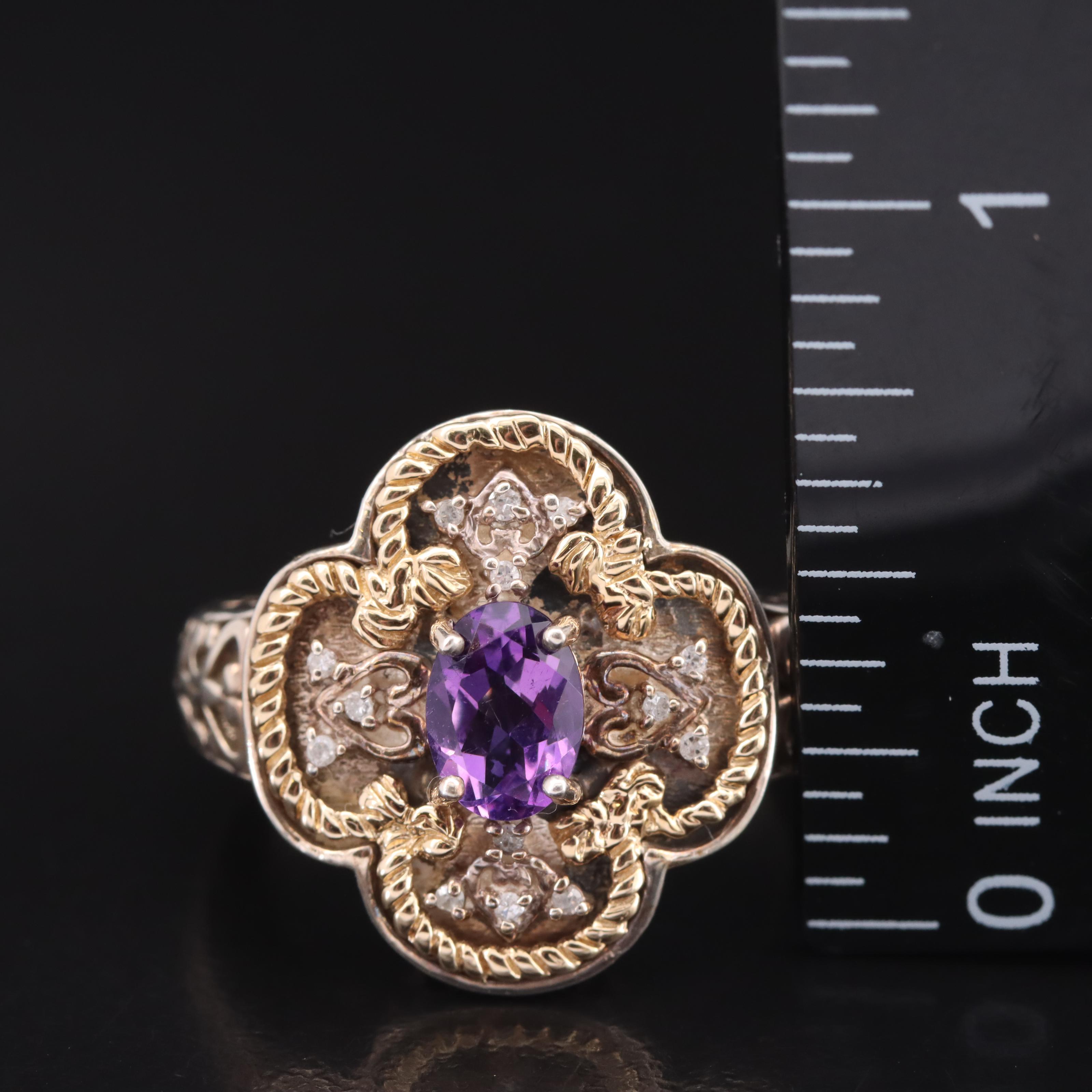 Sterling Amethyst and Diamond Quatrefoil Ring with 14K Accent