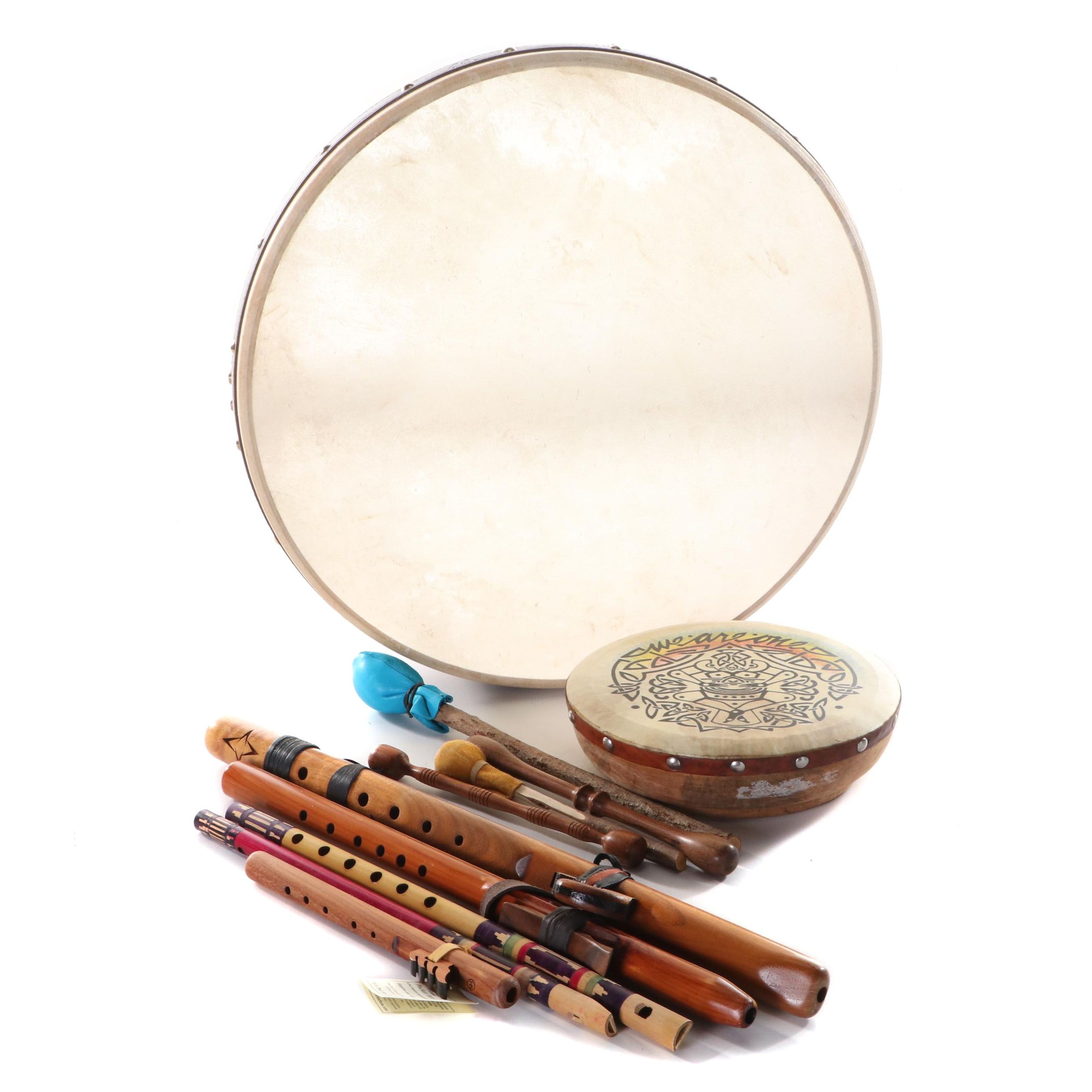 Waltons Bodhran Irish Hide Drum with Folk Art Wood Flutes and Other Instruments