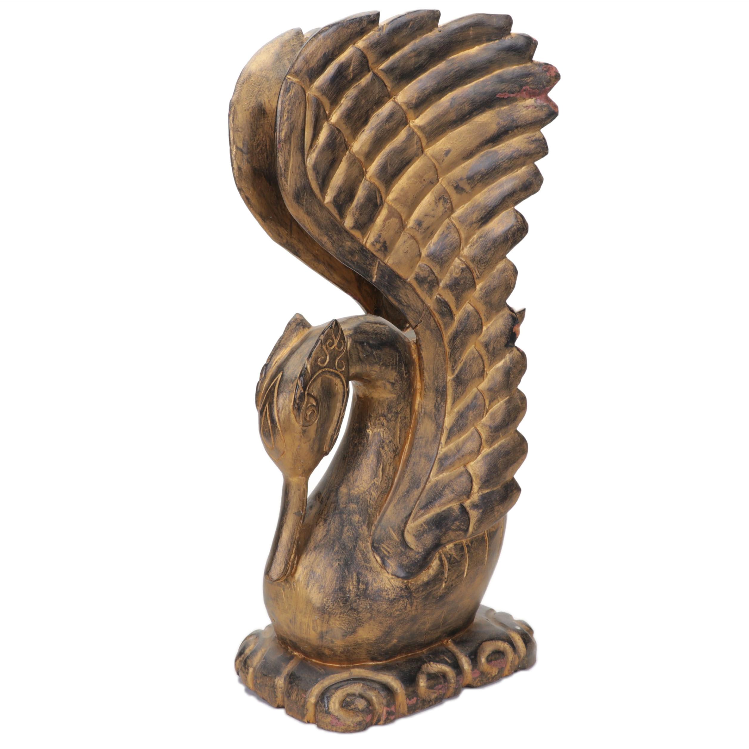 Carved and Hand-Painted Wooden Swan Sculpture