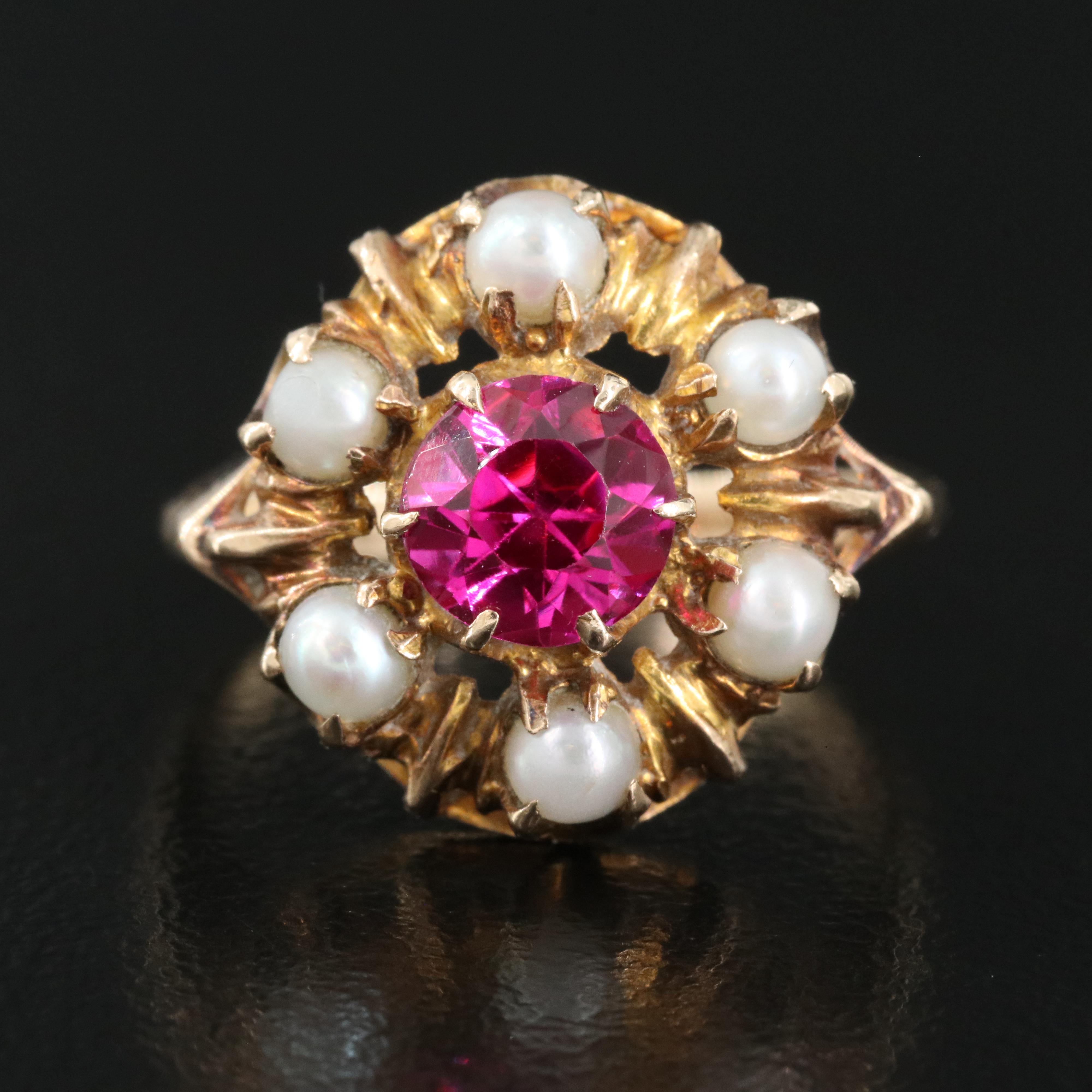 Vintage 10K Rose Gold Ruby and Seed Pearl Ring