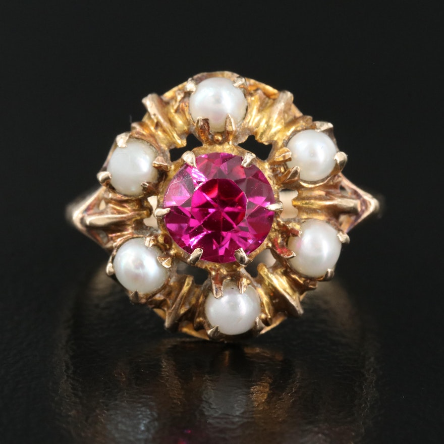 Vintage 10K Rose Gold Ruby and Seed Pearl Ring