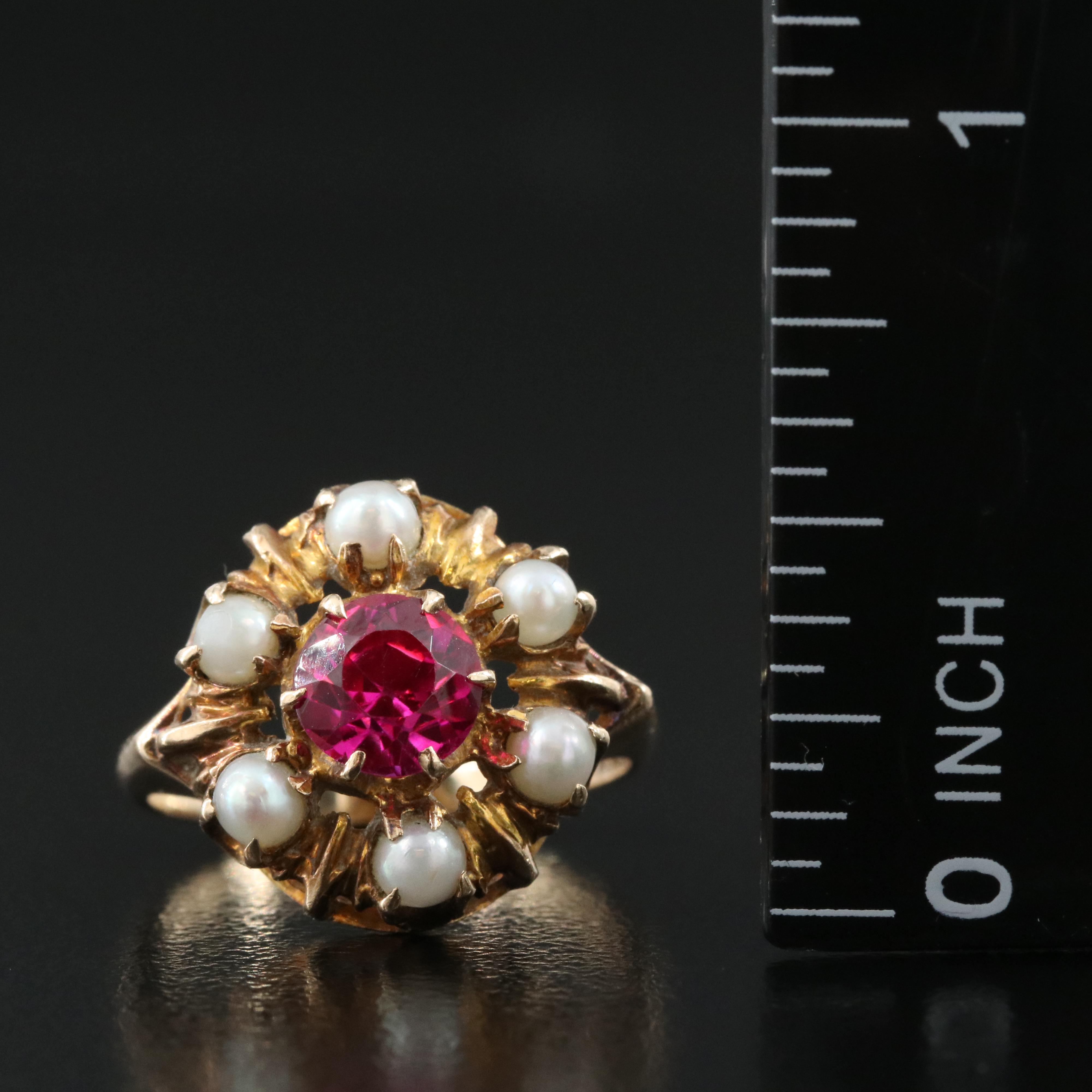 Vintage 10K Rose Gold Ruby and Seed Pearl Ring
