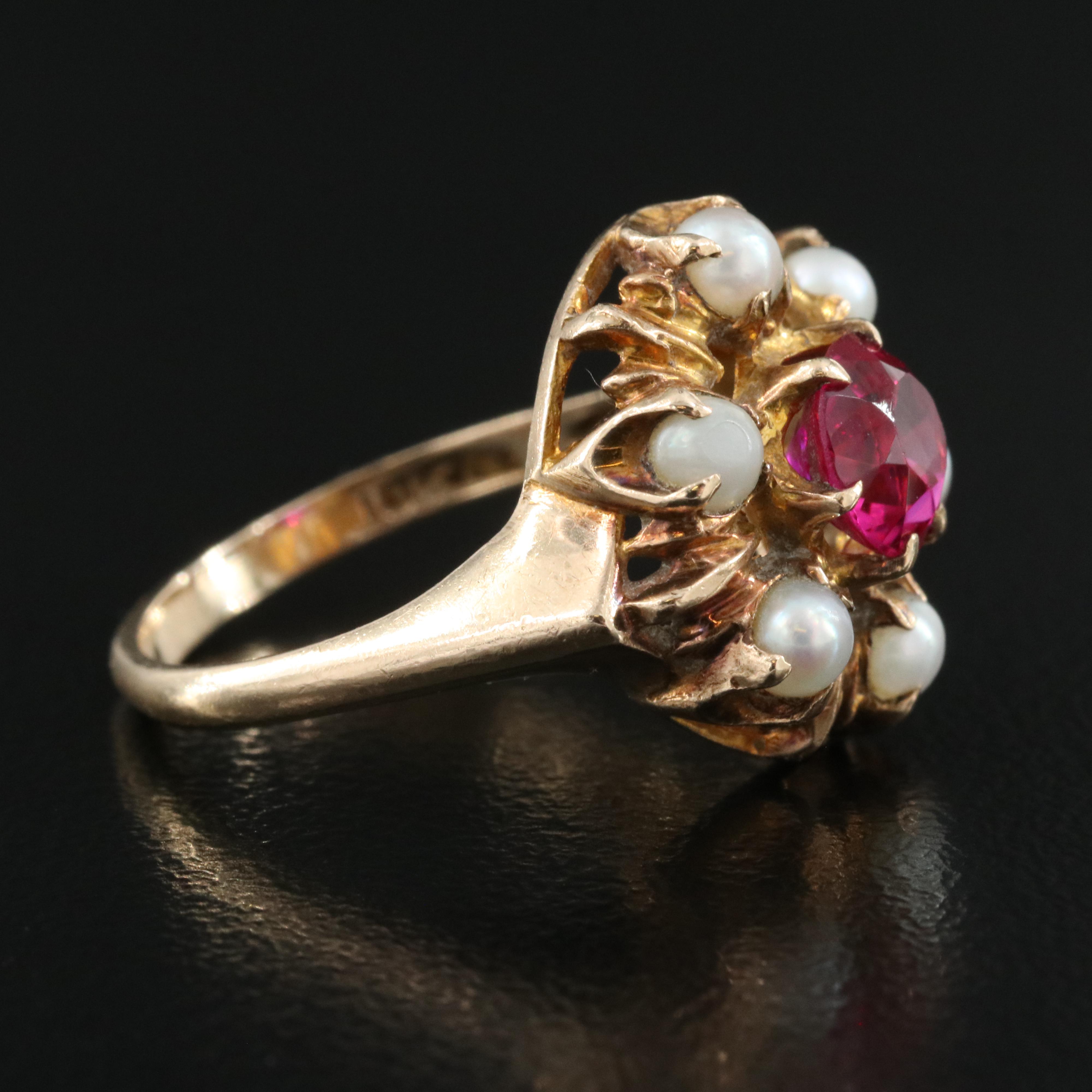 Vintage 10K Rose Gold Ruby and Seed Pearl Ring