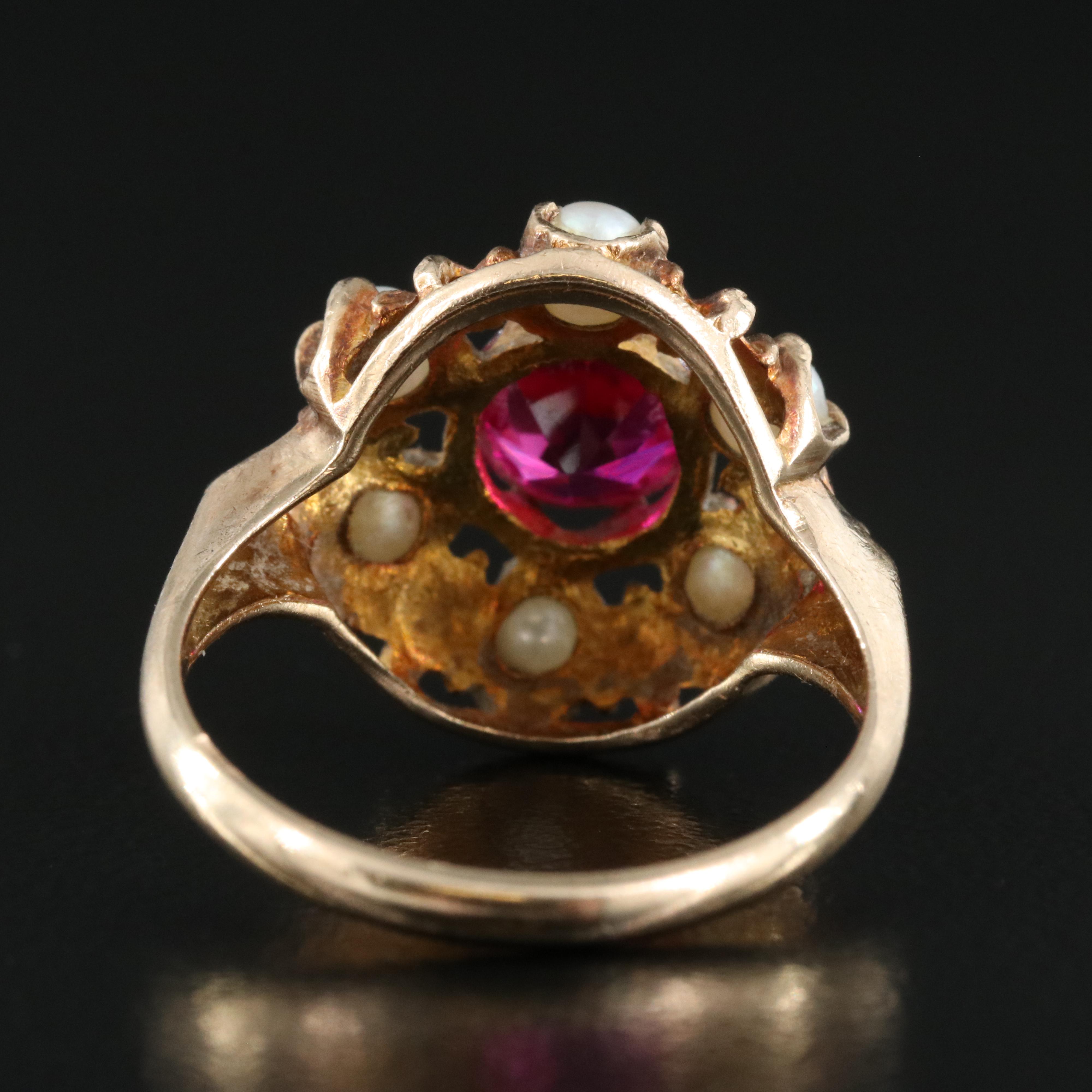 Vintage 10K Rose Gold Ruby and Seed Pearl Ring