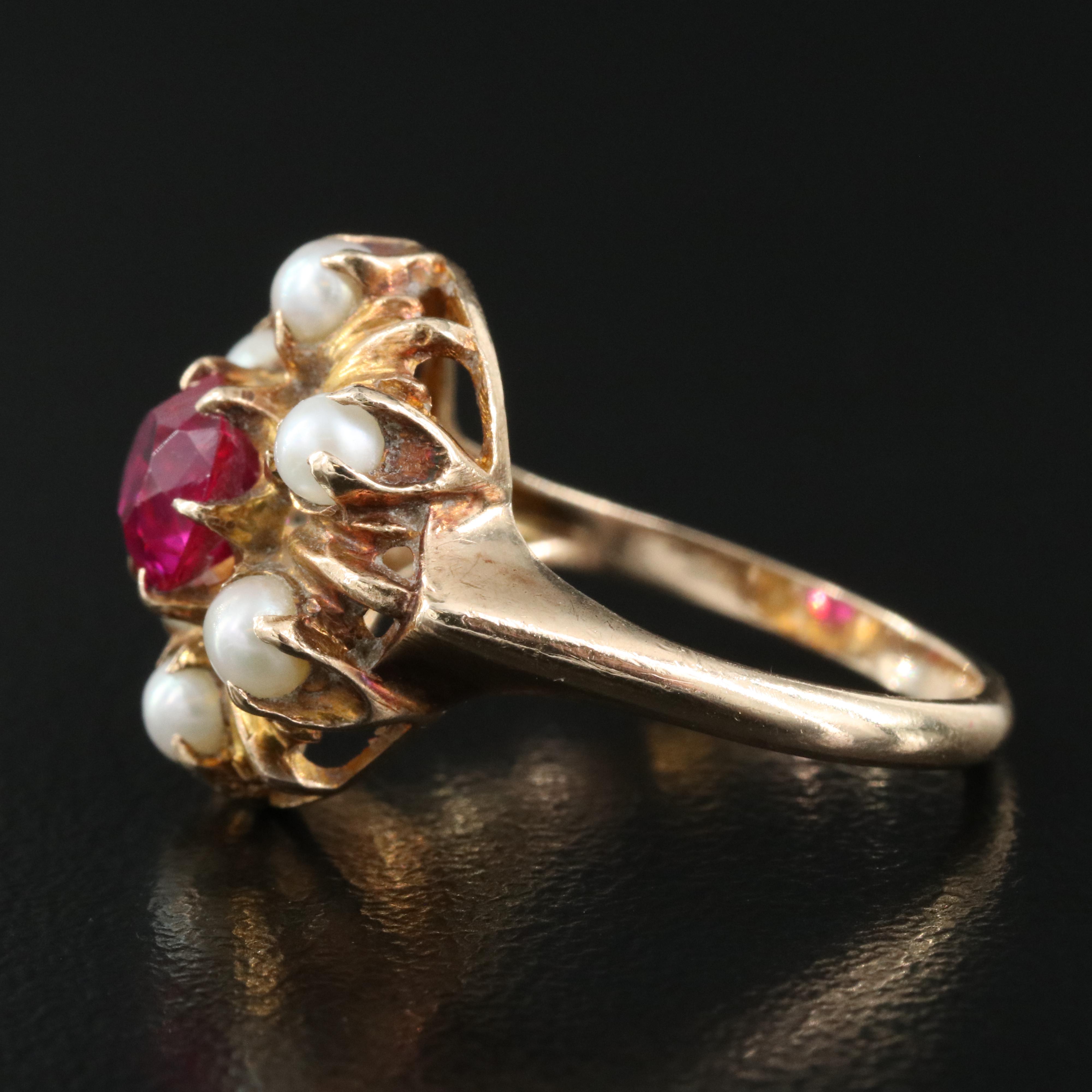 Vintage 10K Rose Gold Ruby and Seed Pearl Ring