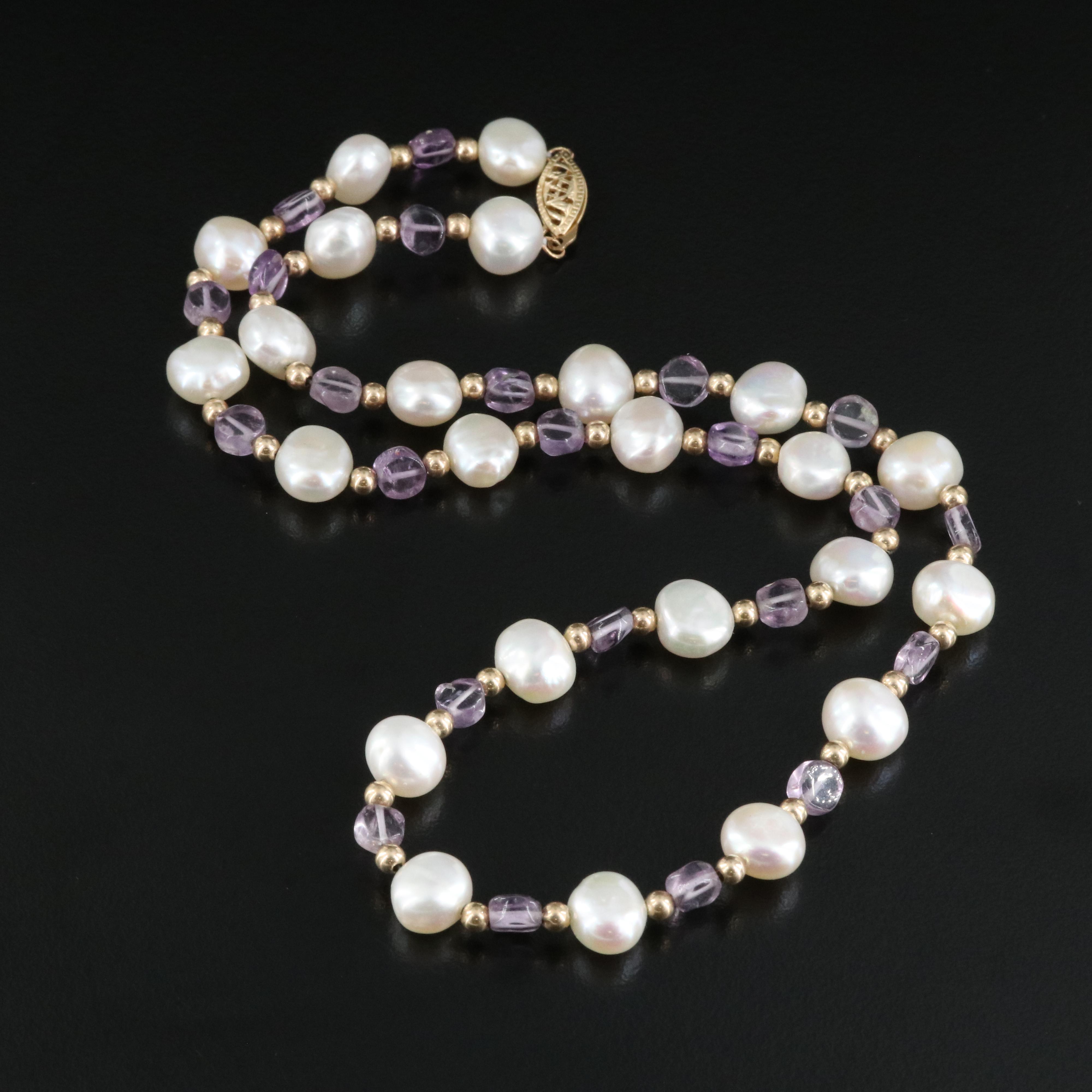 14K Pearl and Amethyst Station Necklace
