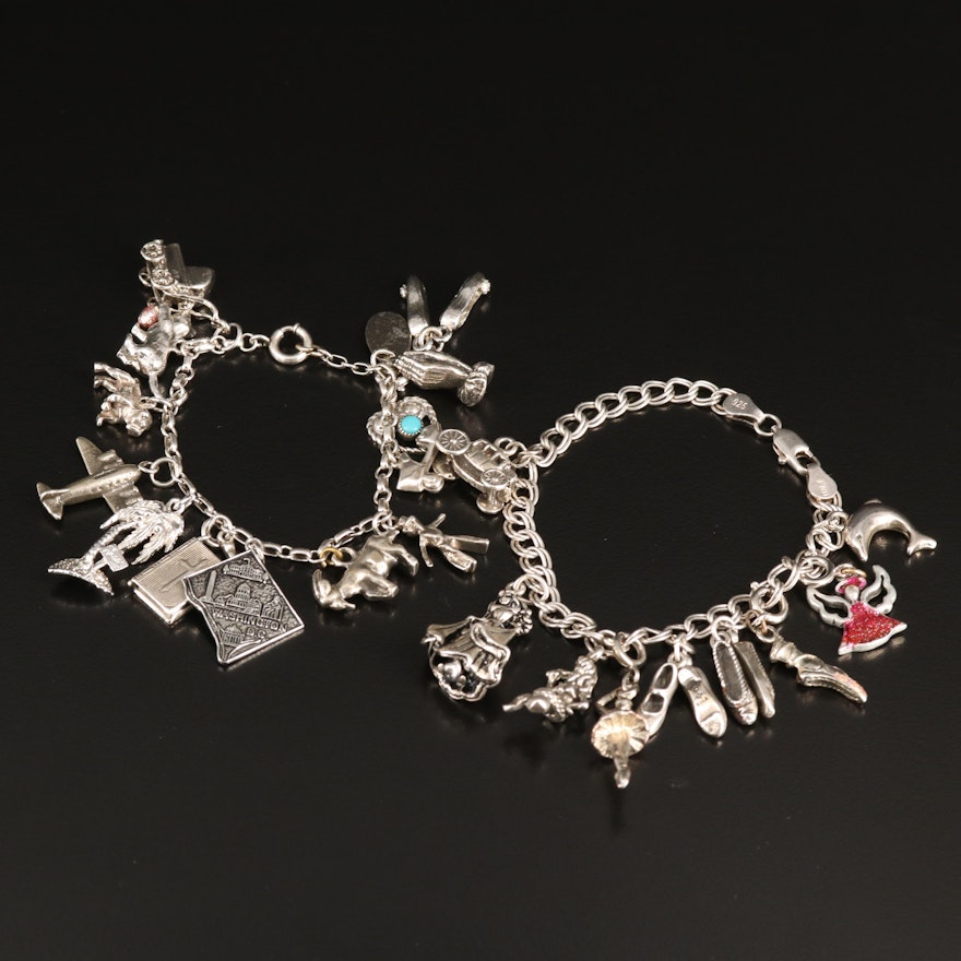 Vintage Sterling Charm Bracelets Including Disney Aurora and Ballet Slippers