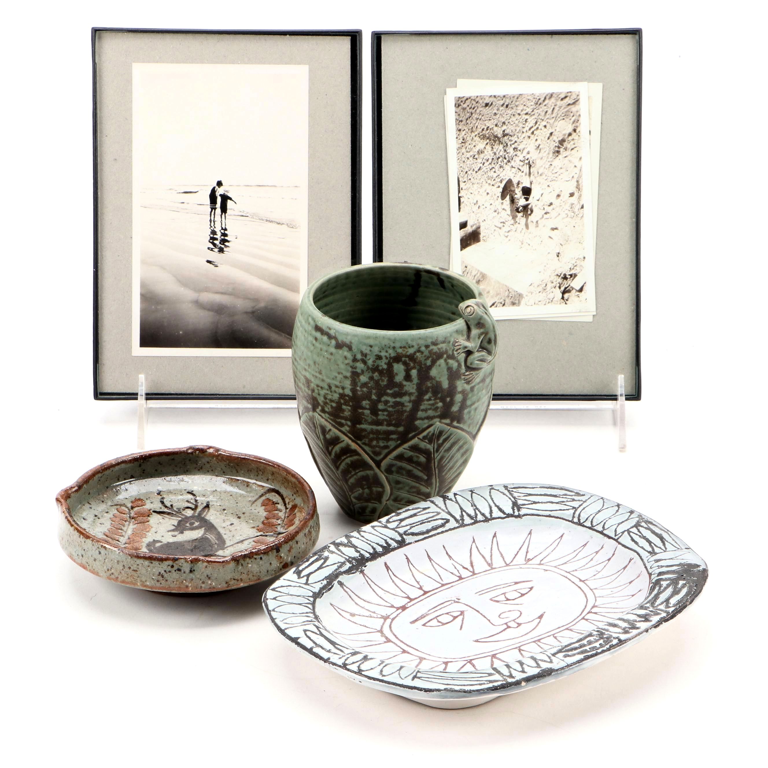 Handmade Art Pottery Bowls and Vase With Black and White Photos