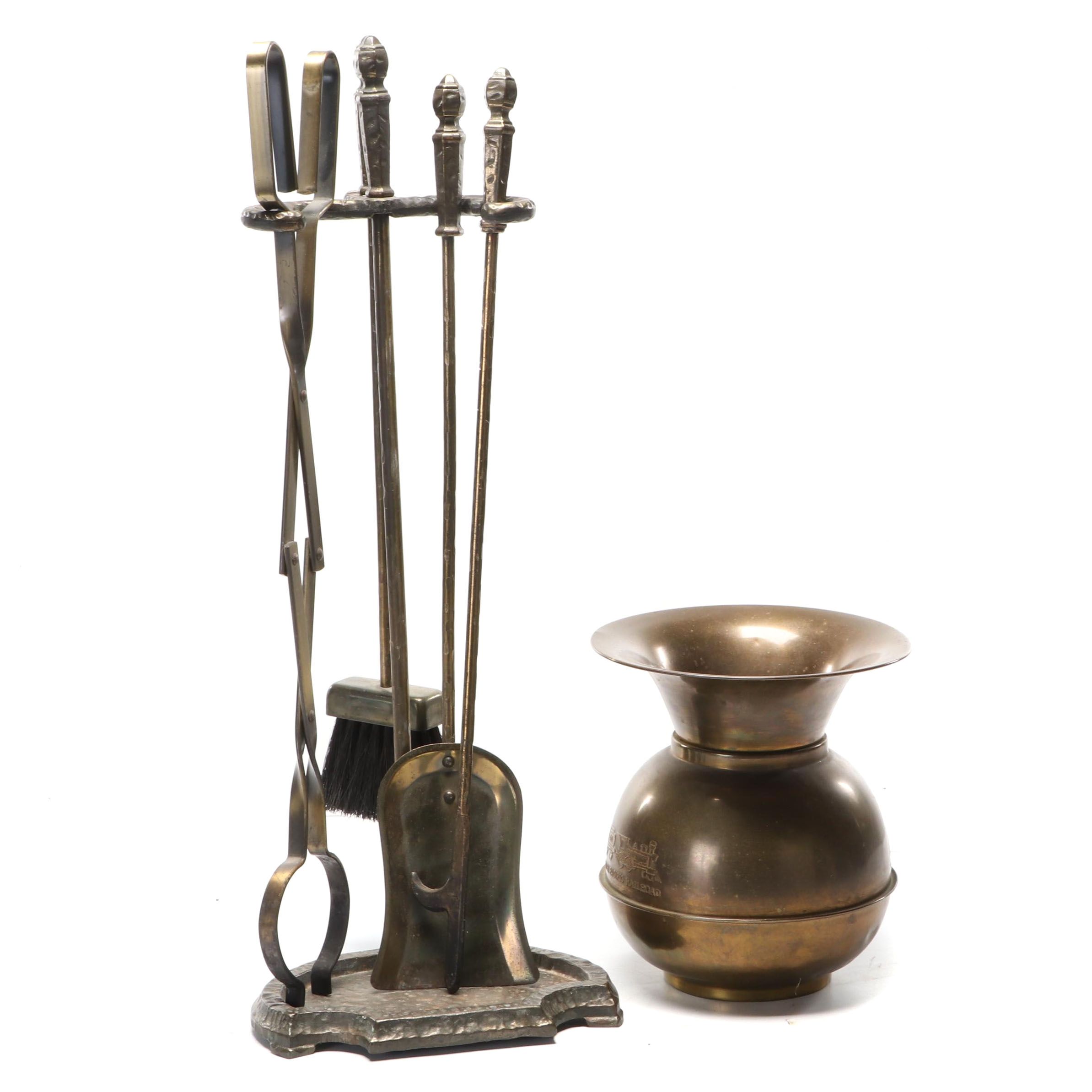 Hammered Brass Fireplace Tool Set with Union Pacific Railroad Spittoon