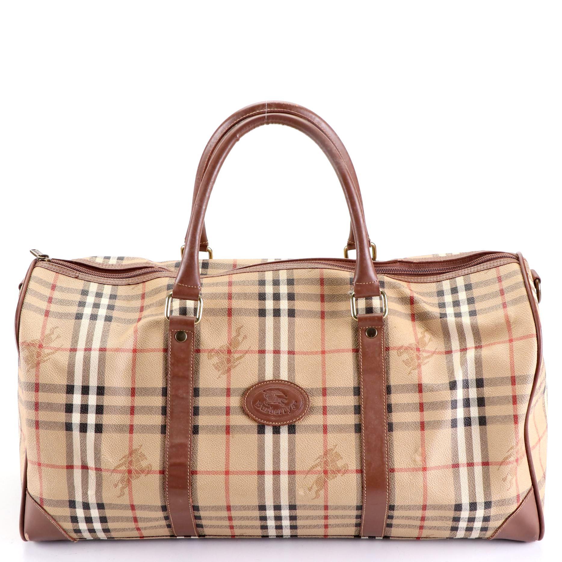 Burberrys Large Travel Bag in Haymarket Check Coated Canvas and Leather Trim