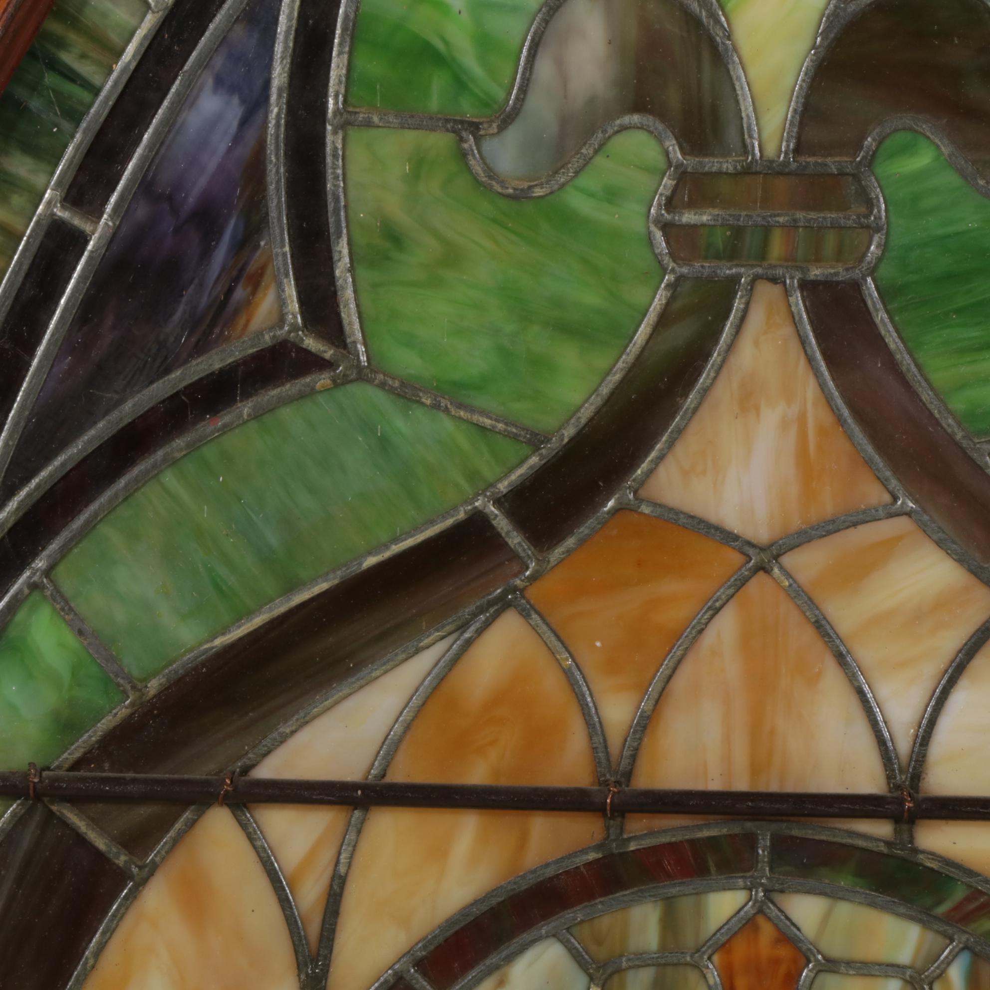 Gothic Style Leaded Slag and Stained Glass Window in Oak Casement, Early 20th C.