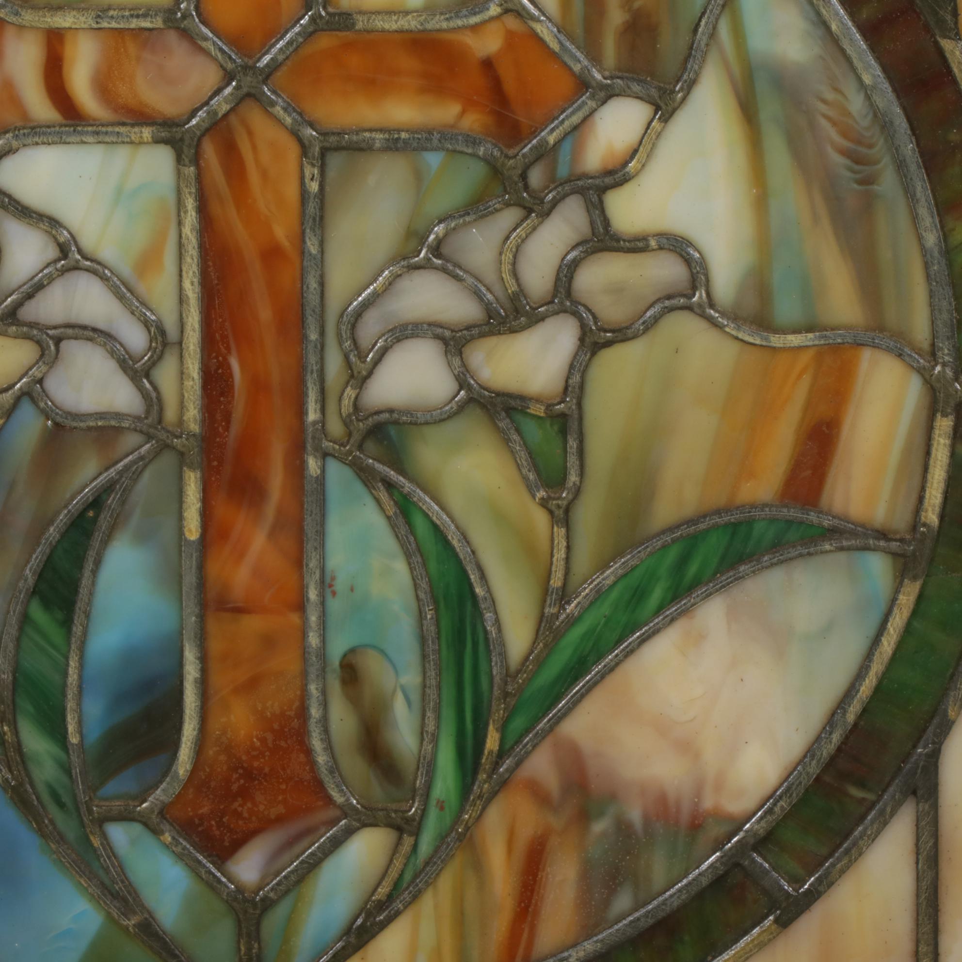 Gothic Style Leaded Slag and Stained Glass Window in Oak Casement, Early 20th C.