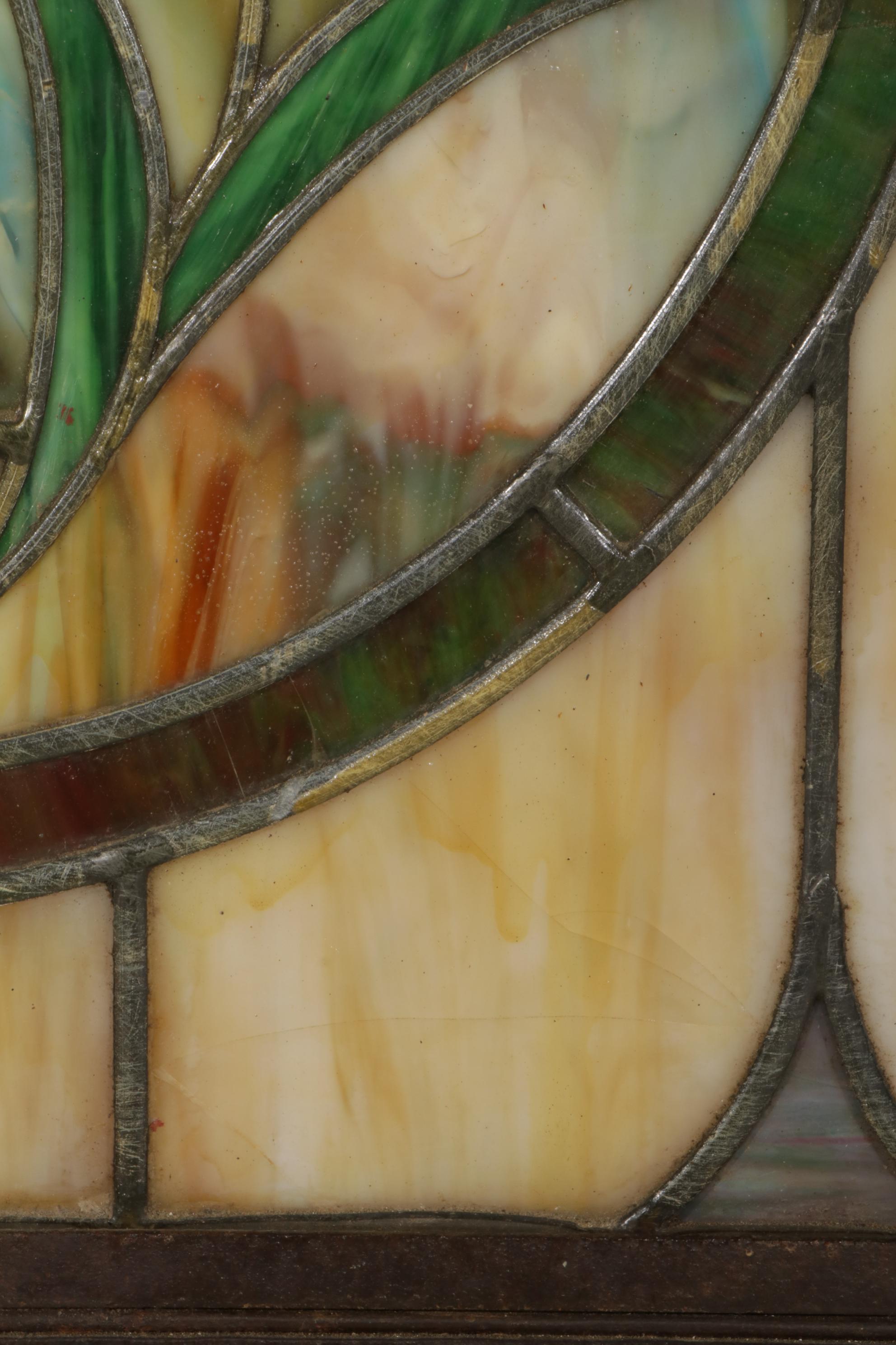 Gothic Style Leaded Slag and Stained Glass Window in Oak Casement, Early 20th C.