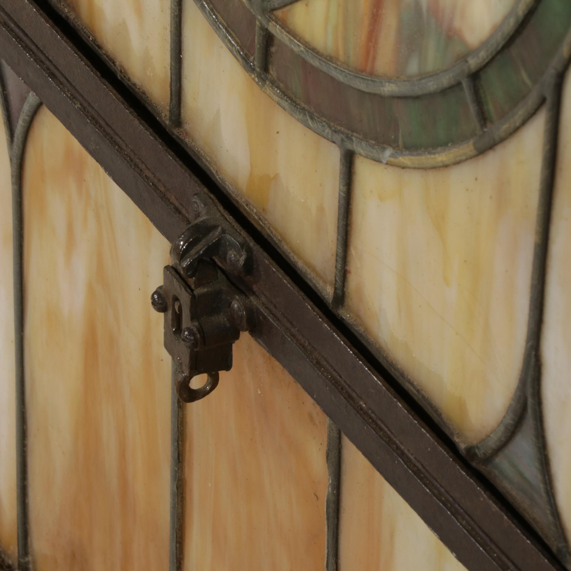 Gothic Style Leaded Slag and Stained Glass Window in Oak Casement, Early 20th C.