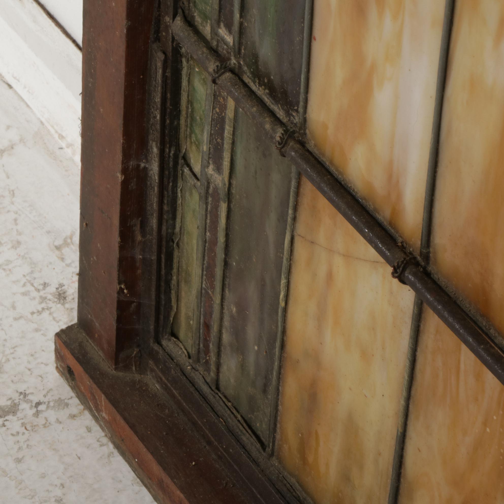 Gothic Style Leaded Slag and Stained Glass Window in Oak Casement, Early 20th C.