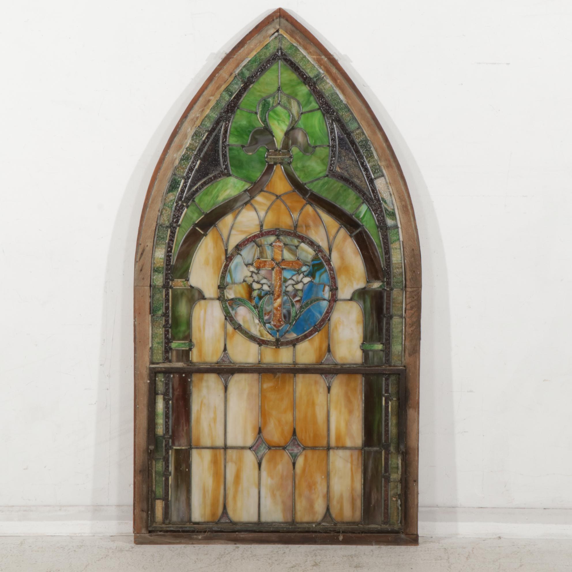 Gothic Style Leaded Slag and Stained Glass Window in Oak Casement, Early 20th C.