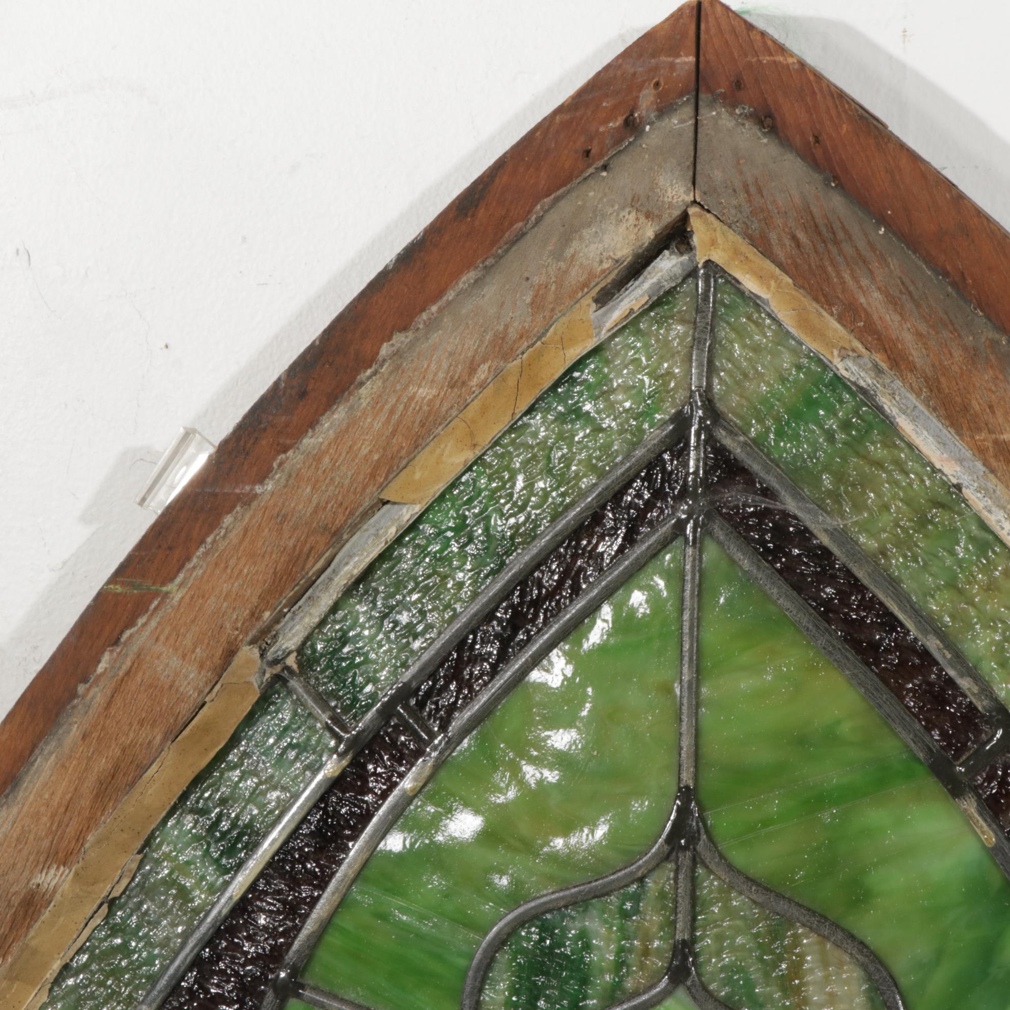 Gothic Style Leaded Slag and Stained Glass Window in Oak Casement, Early 20th C.