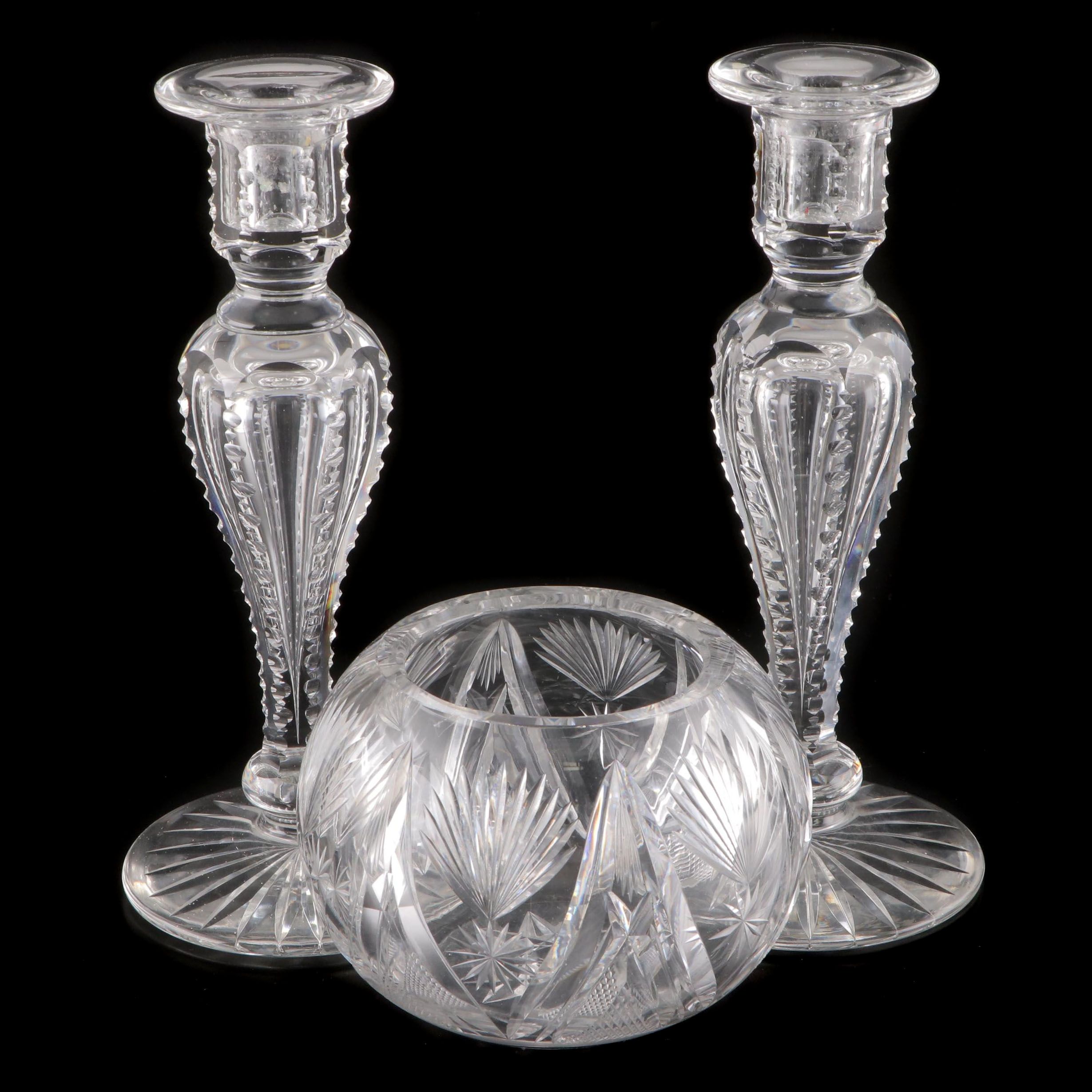 American Brilliant Style Cut Glass Rose Bowl and Other Candlesticks