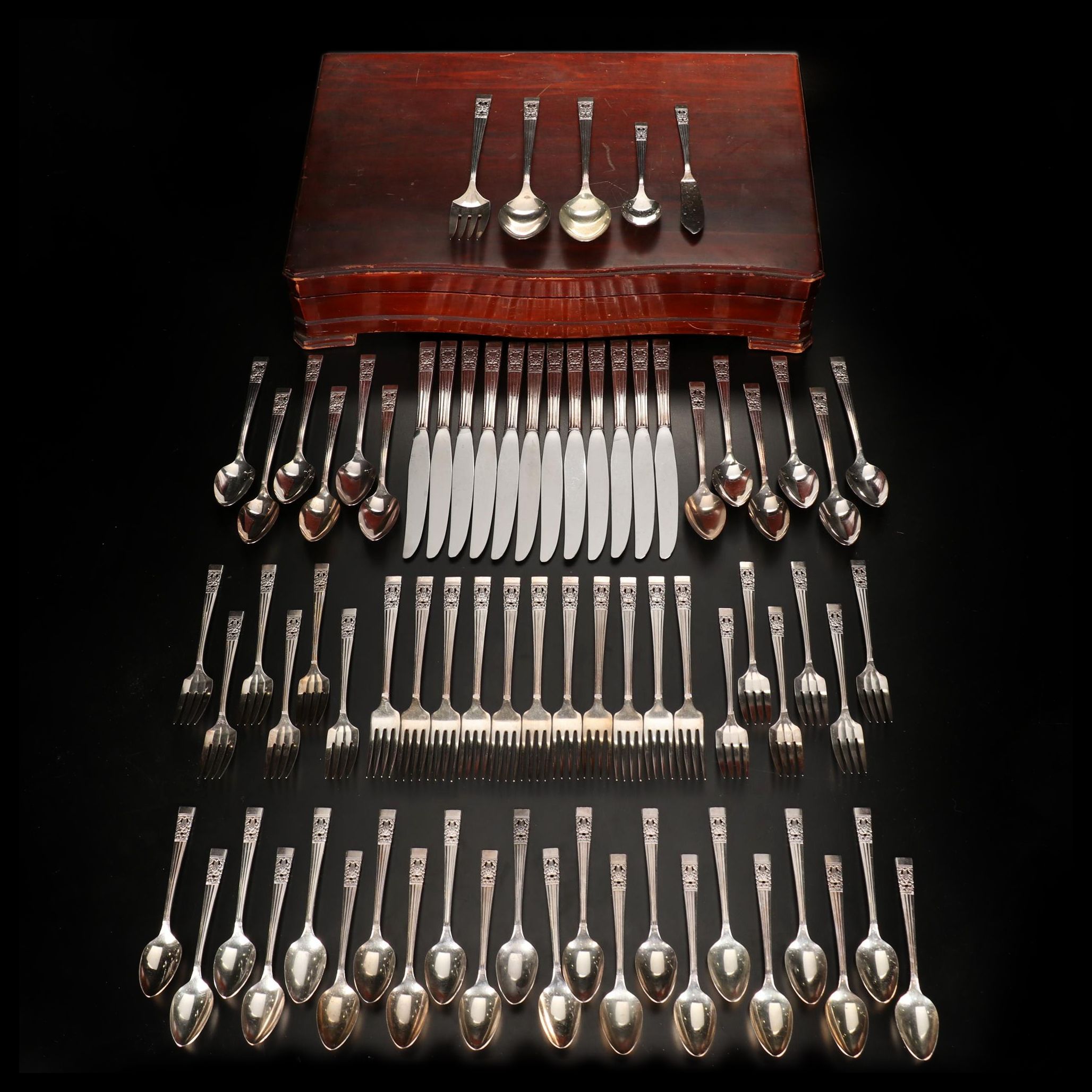 Oneida Silver "Coronation" Silver Plate Flatware in Wooden Case, 1936-2004