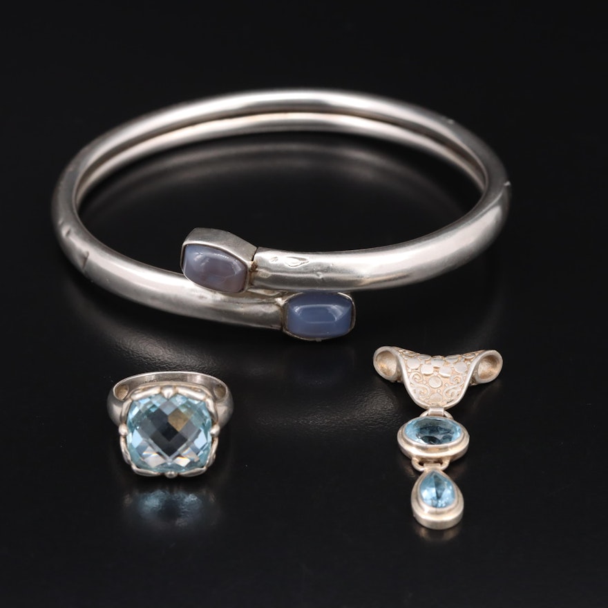 Sterling Grouping Including Janice Girardi Ring, Sky Blue Topaz and Chalcedony
