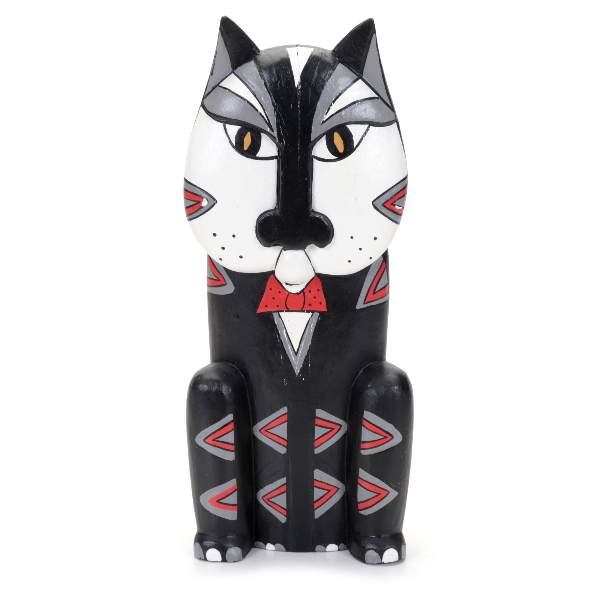 Sigris Disseny Hand-Painted Carved Wood Cat Sculpture