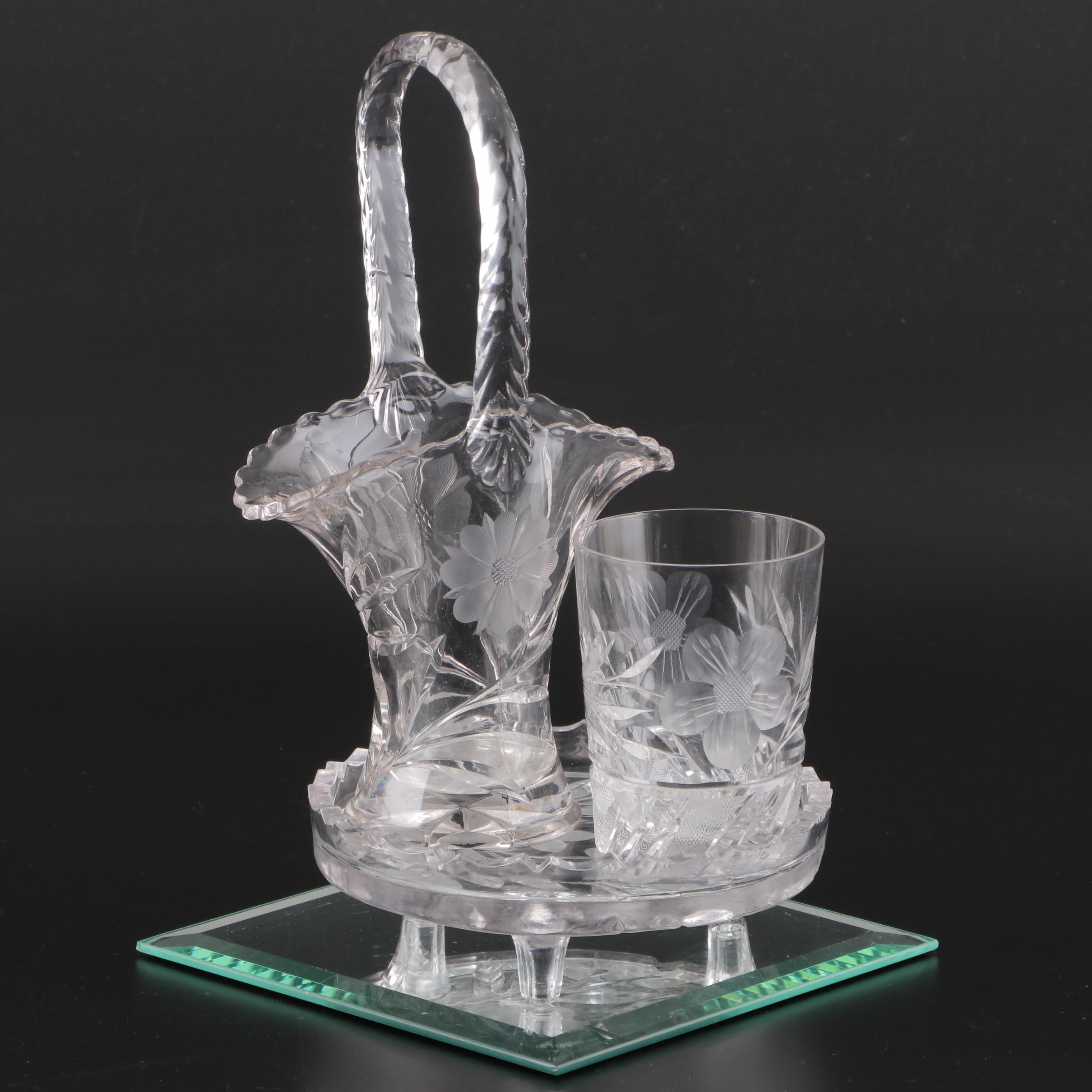 Etched and Cut Glass Basket Vase and Other Tableware with Mirror Plateau
