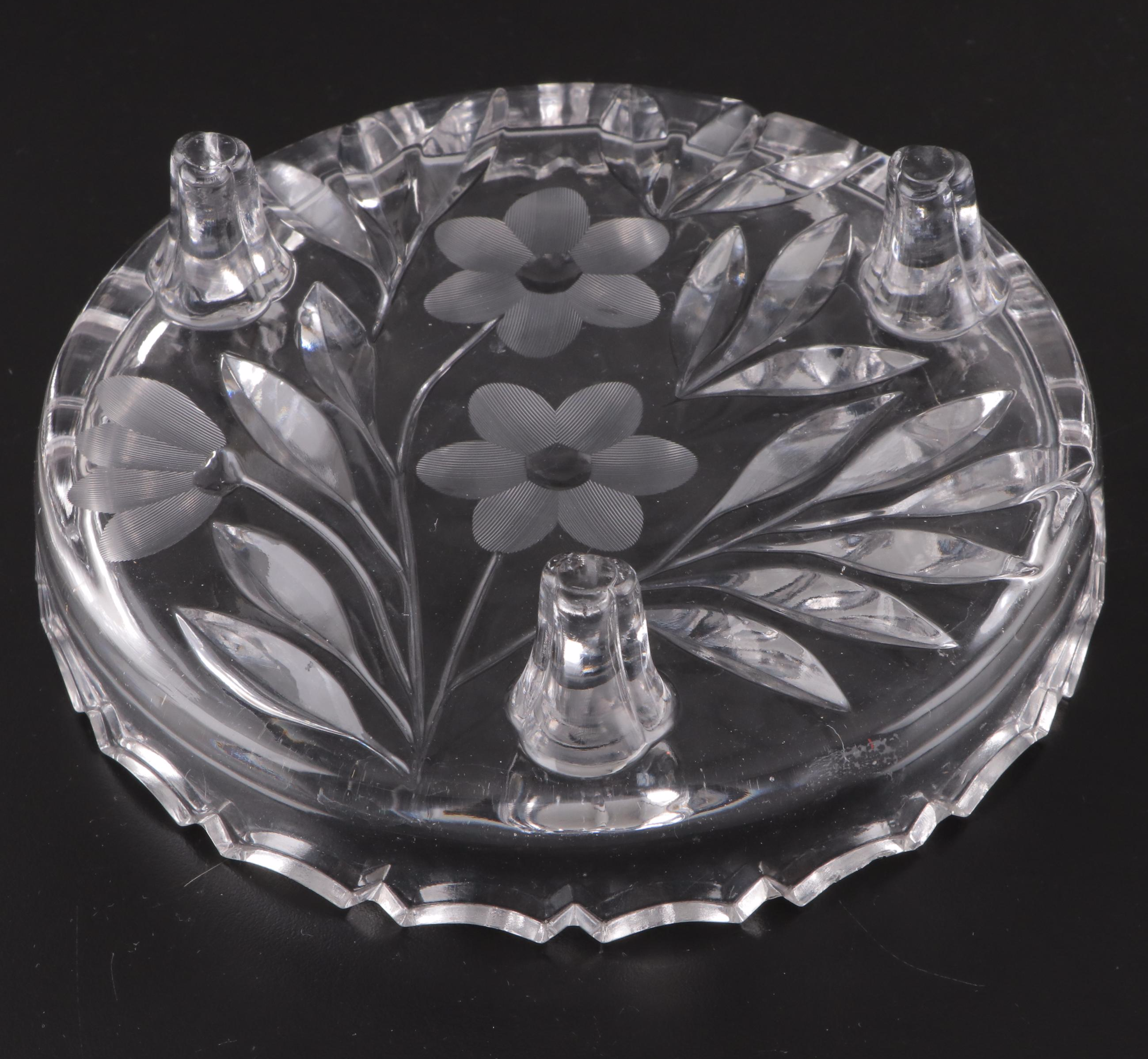 Etched and Cut Glass Basket Vase and Other Tableware with Mirror Plateau