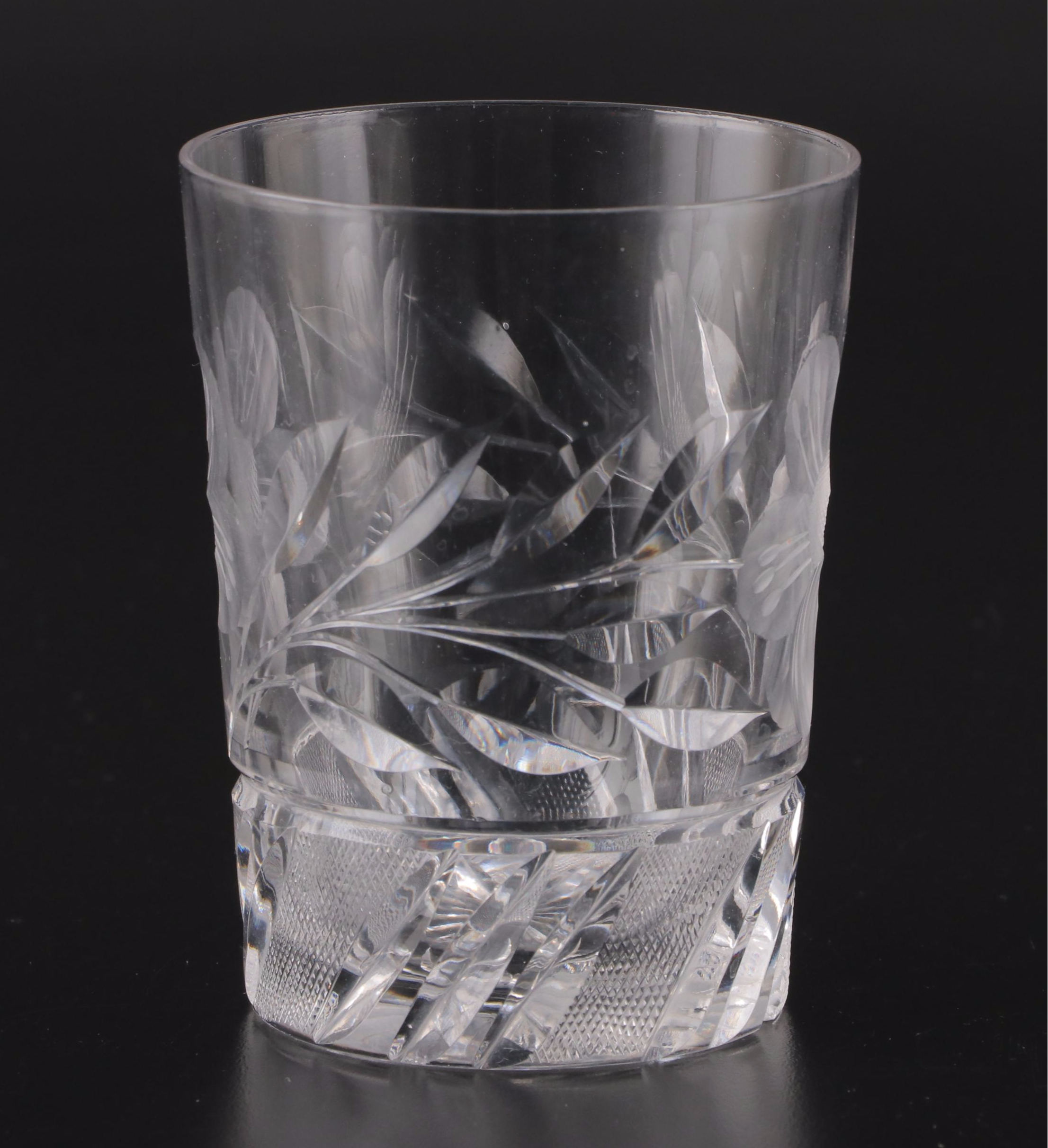 Etched and Cut Glass Basket Vase and Other Tableware with Mirror Plateau