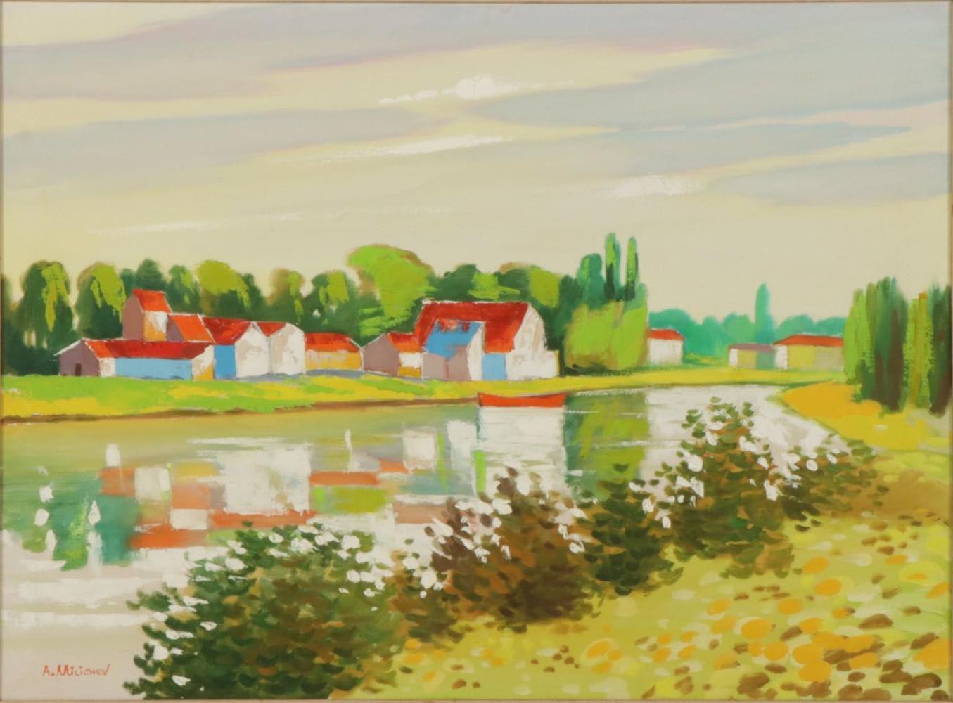 A. Milichev Oil Painting of Creekside Village, Late 20th Century