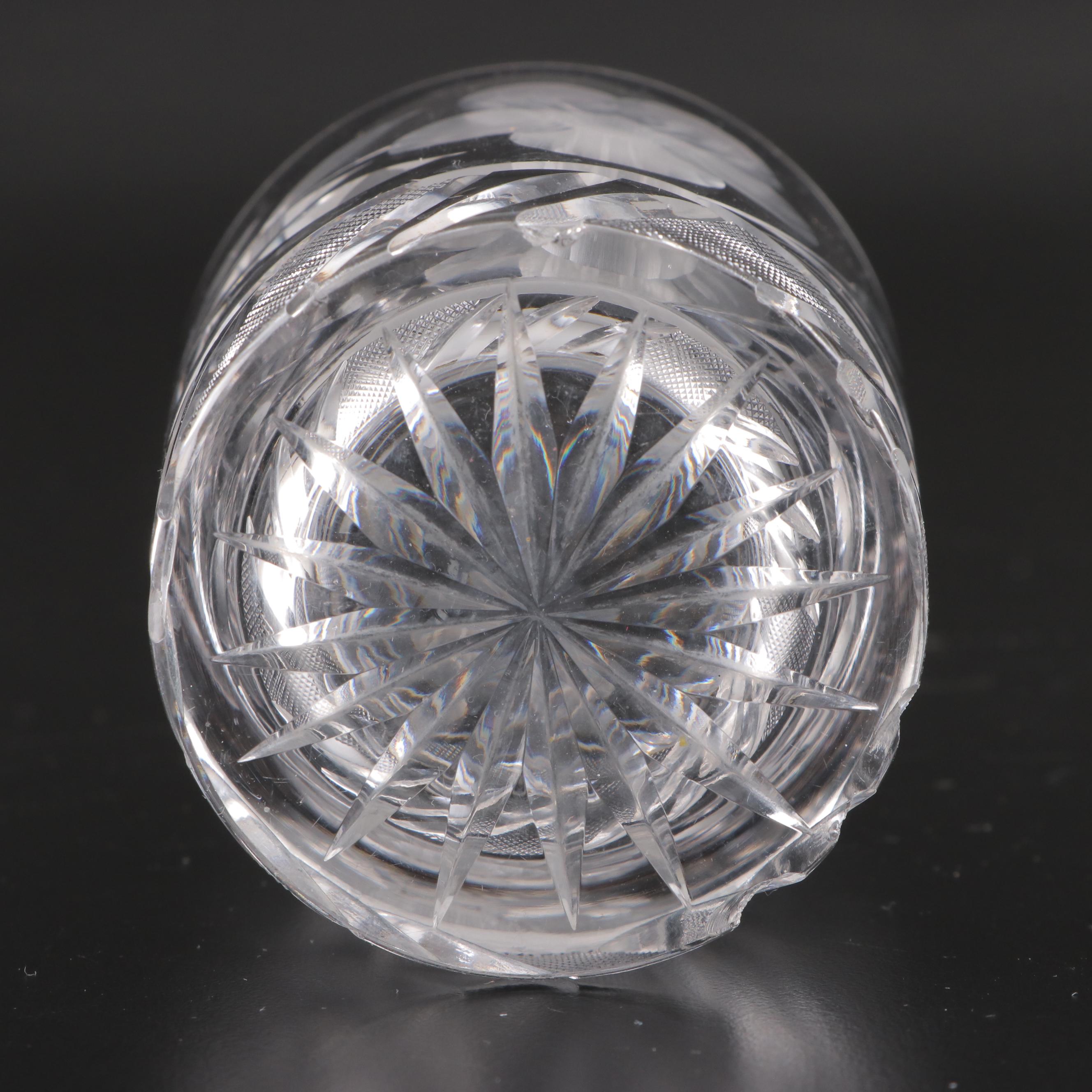 Etched and Cut Glass Basket Vase and Other Tableware with Mirror Plateau