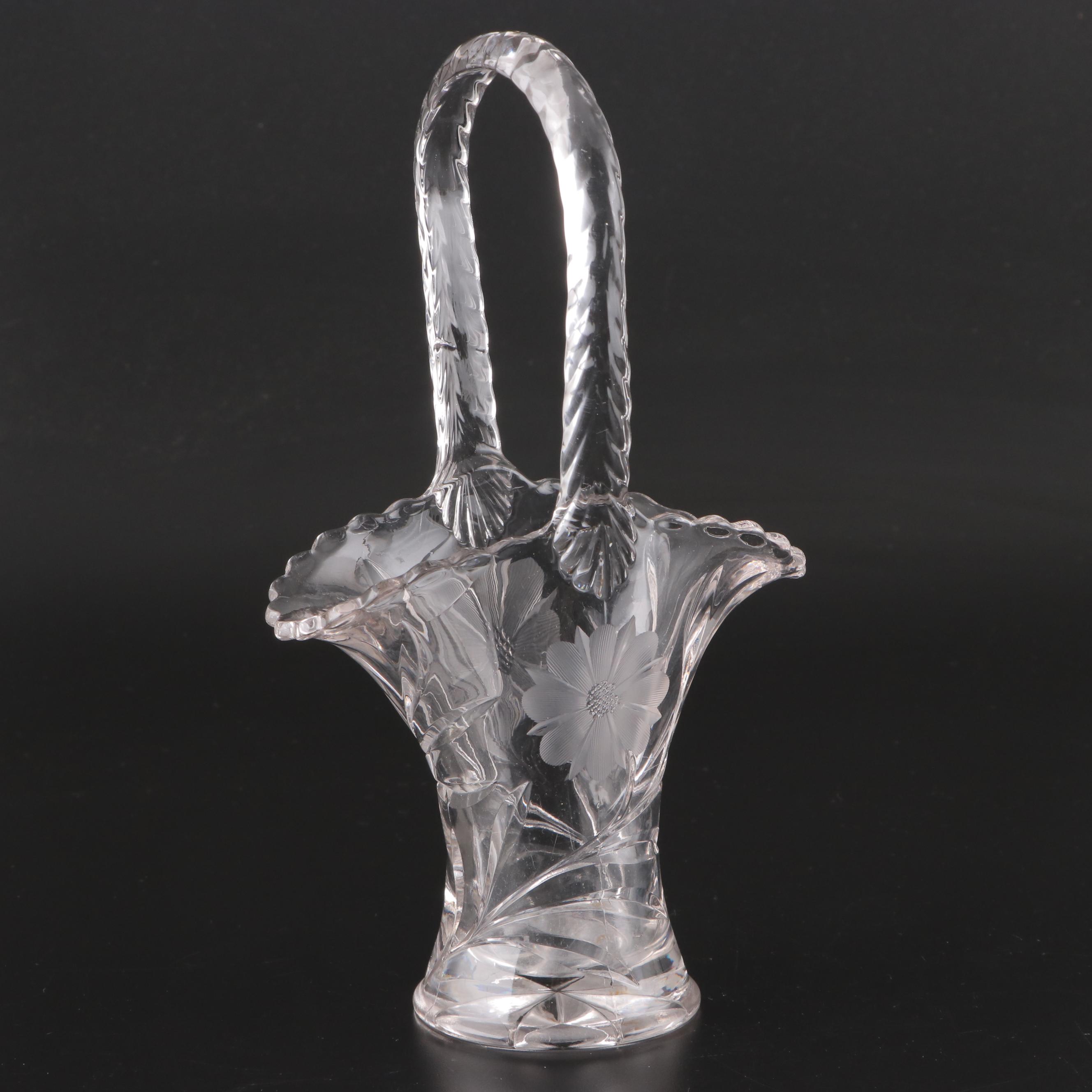Etched and Cut Glass Basket Vase and Other Tableware with Mirror Plateau