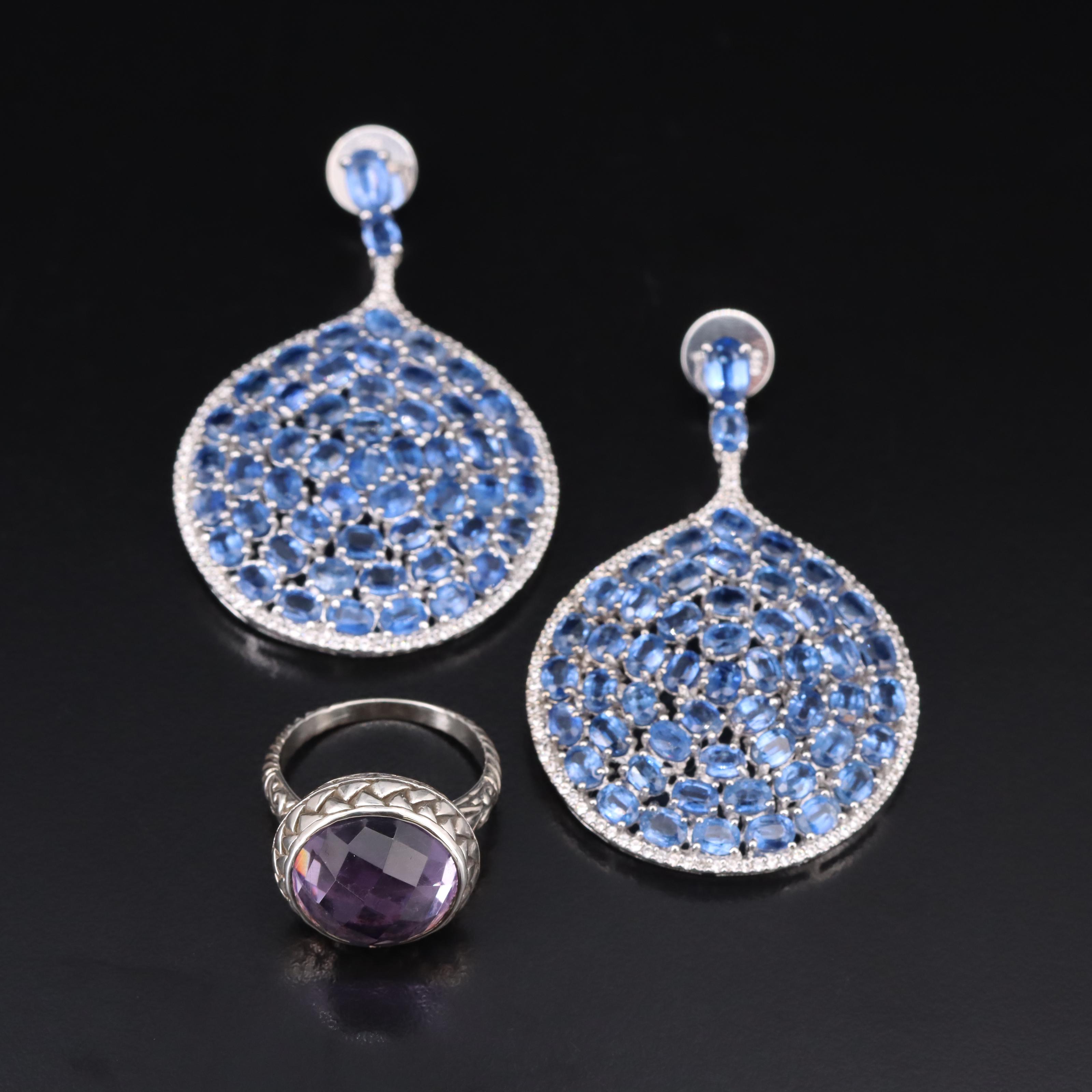 Sterling Earrings and Ring Including Amethyst and Kyanite