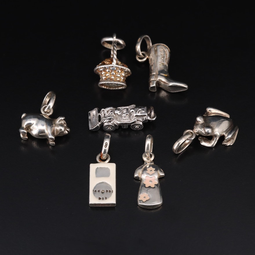 Sterling Charms Including Enamel Accents and 950 Silver Articulating Tractor