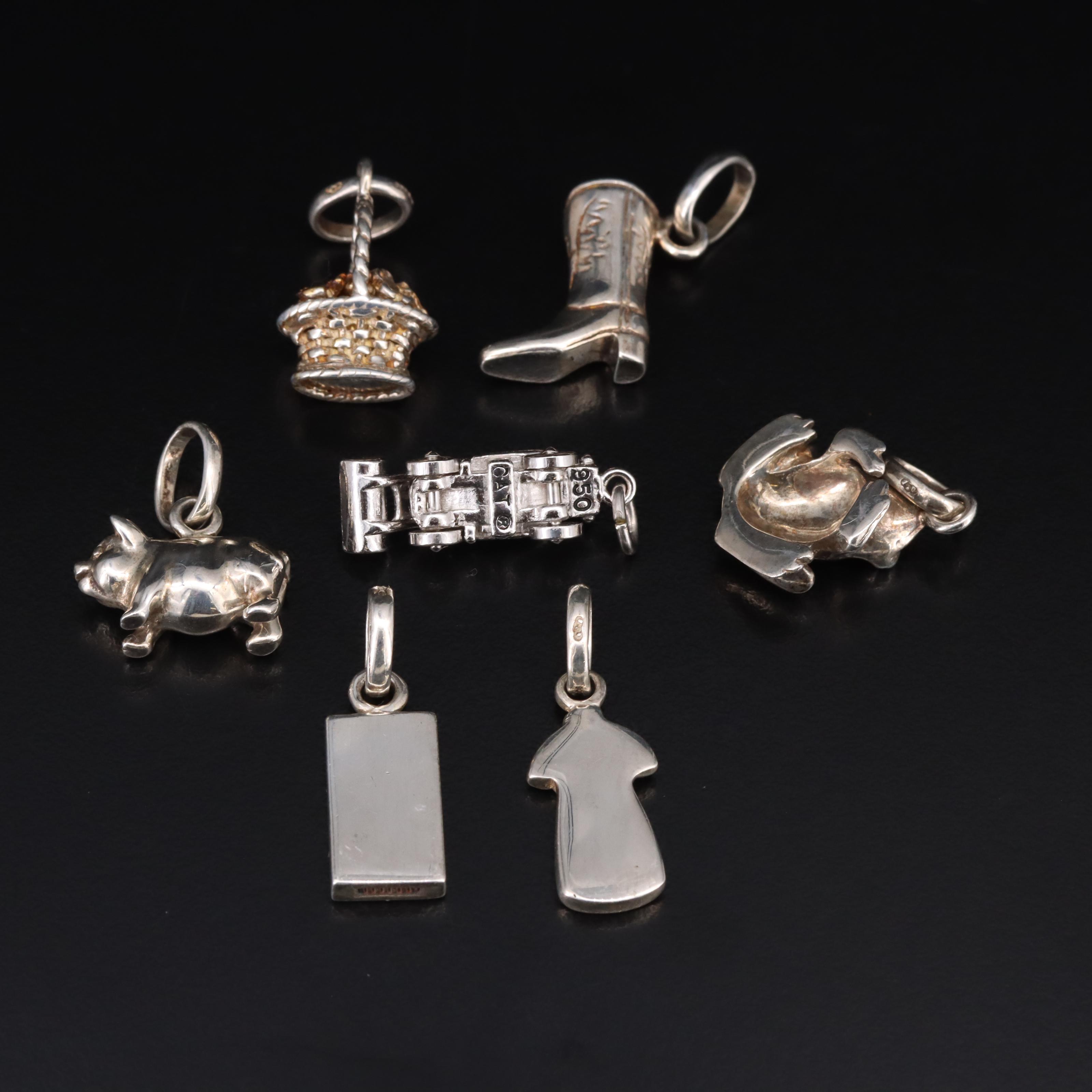 Sterling Charms Including Enamel Accents and 950 Silver Articulating Tractor