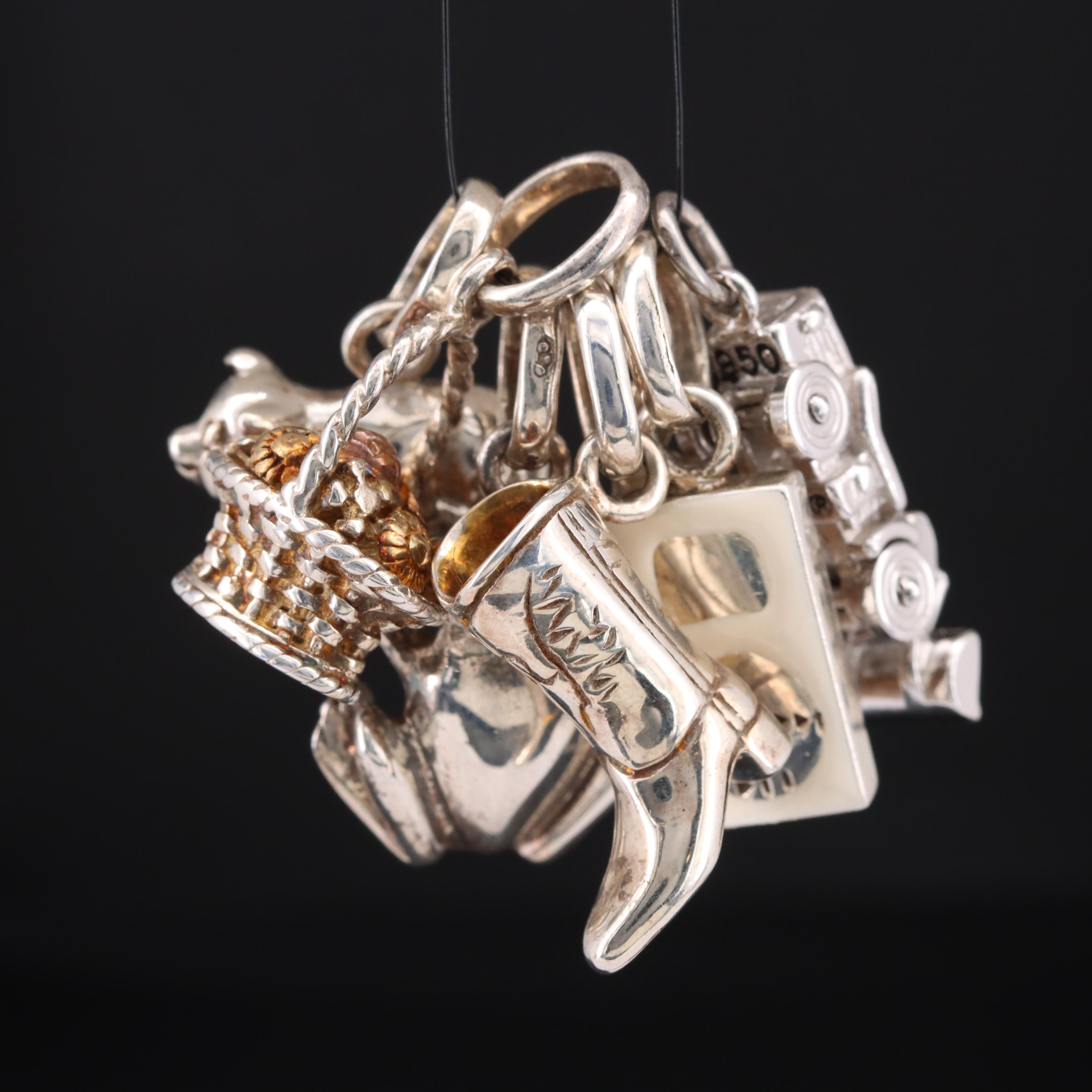 Sterling Charms Including Enamel Accents and 950 Silver Articulating Tractor