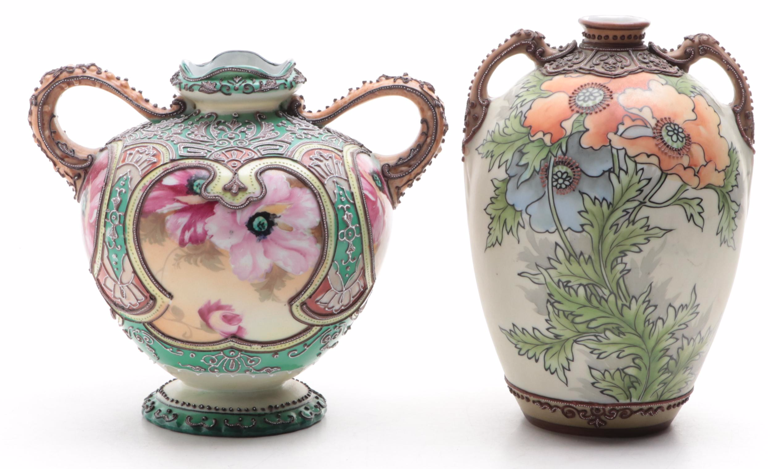 Morimura Brothers Nippon Porcelain Art Nouveau Vases, Early 20th Century