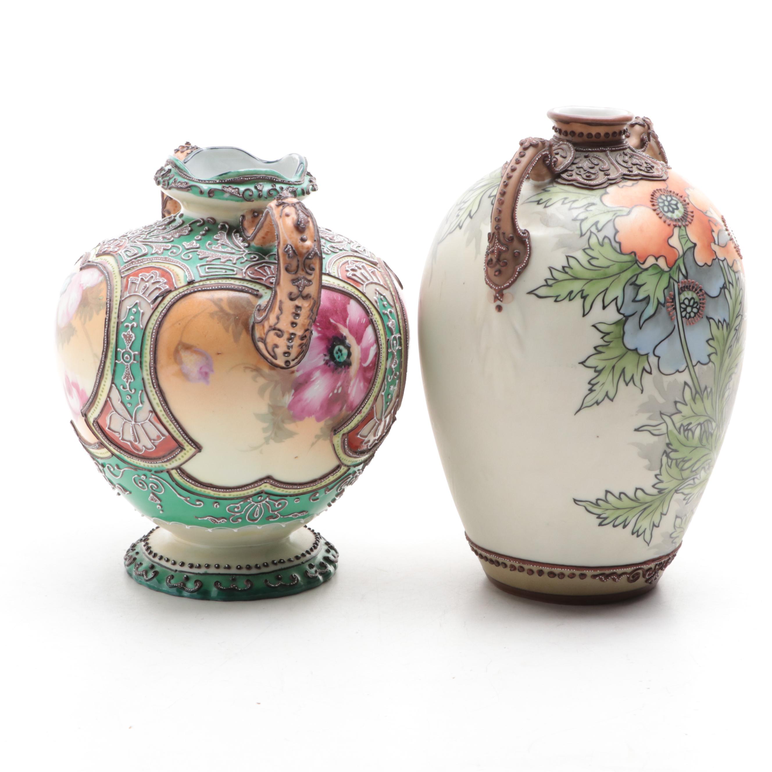 Morimura Brothers Nippon Porcelain Art Nouveau Vases, Early 20th Century