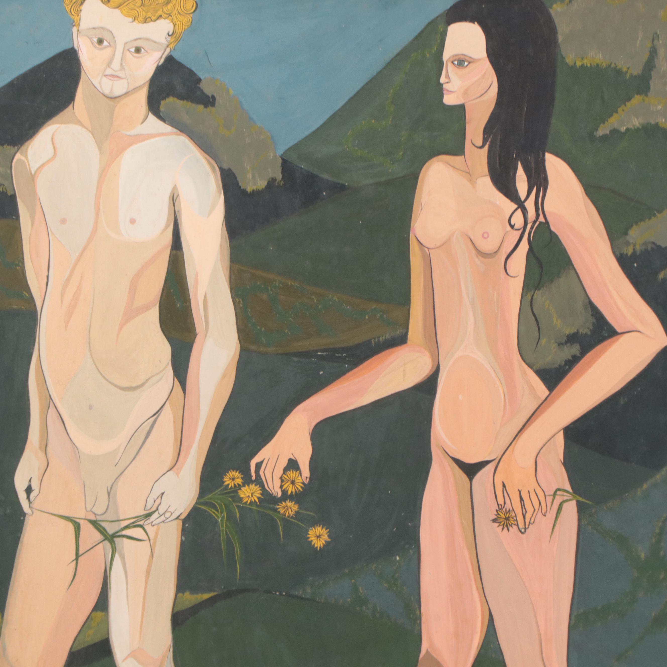 Figural Gouache Painting of Man and Woman in Landscape, 1957