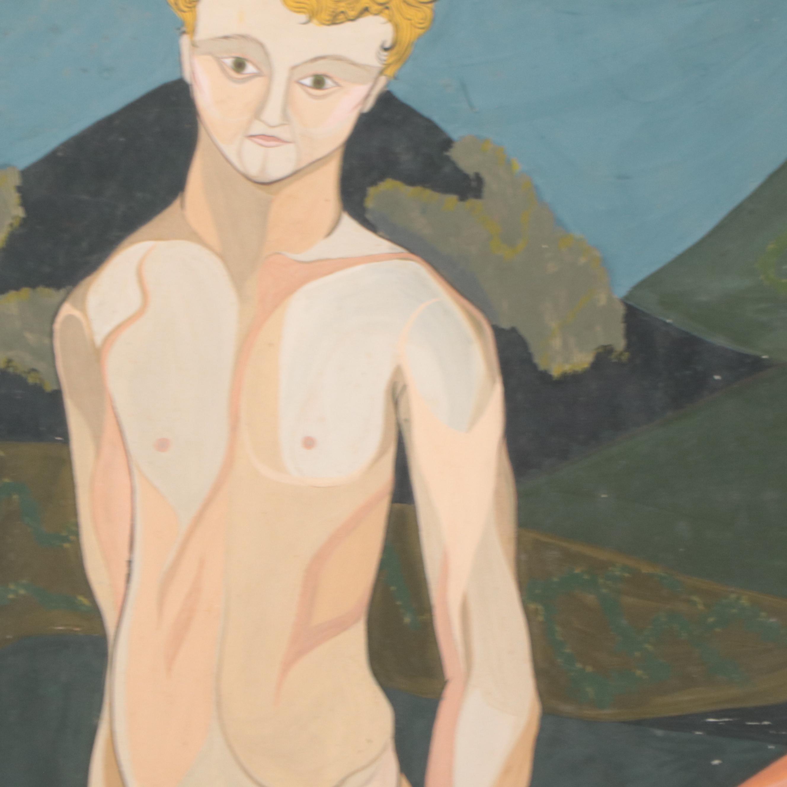Figural Gouache Painting of Man and Woman in Landscape, 1957