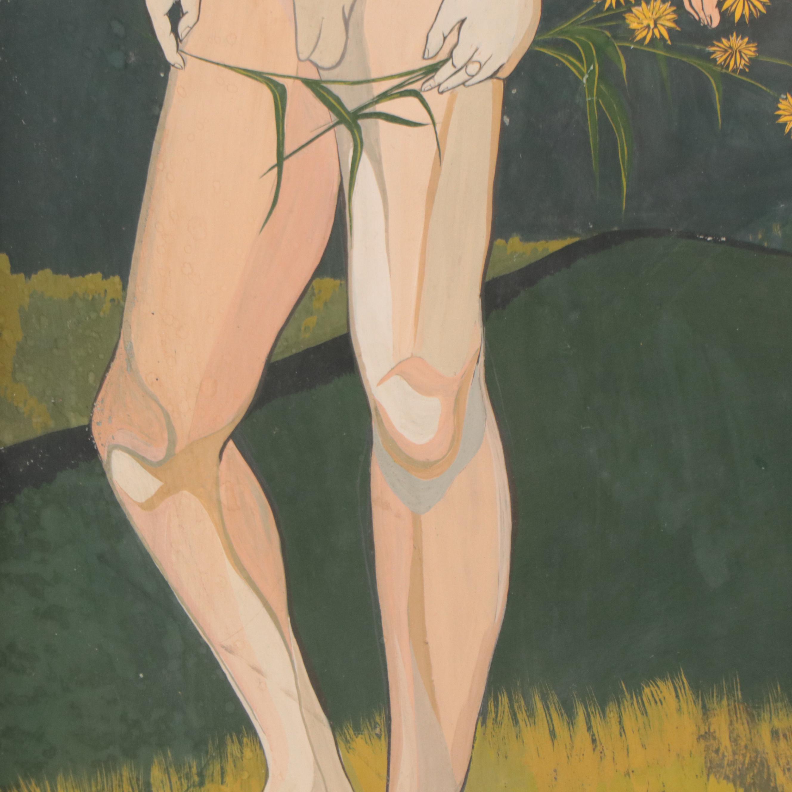 Figural Gouache Painting of Man and Woman in Landscape, 1957