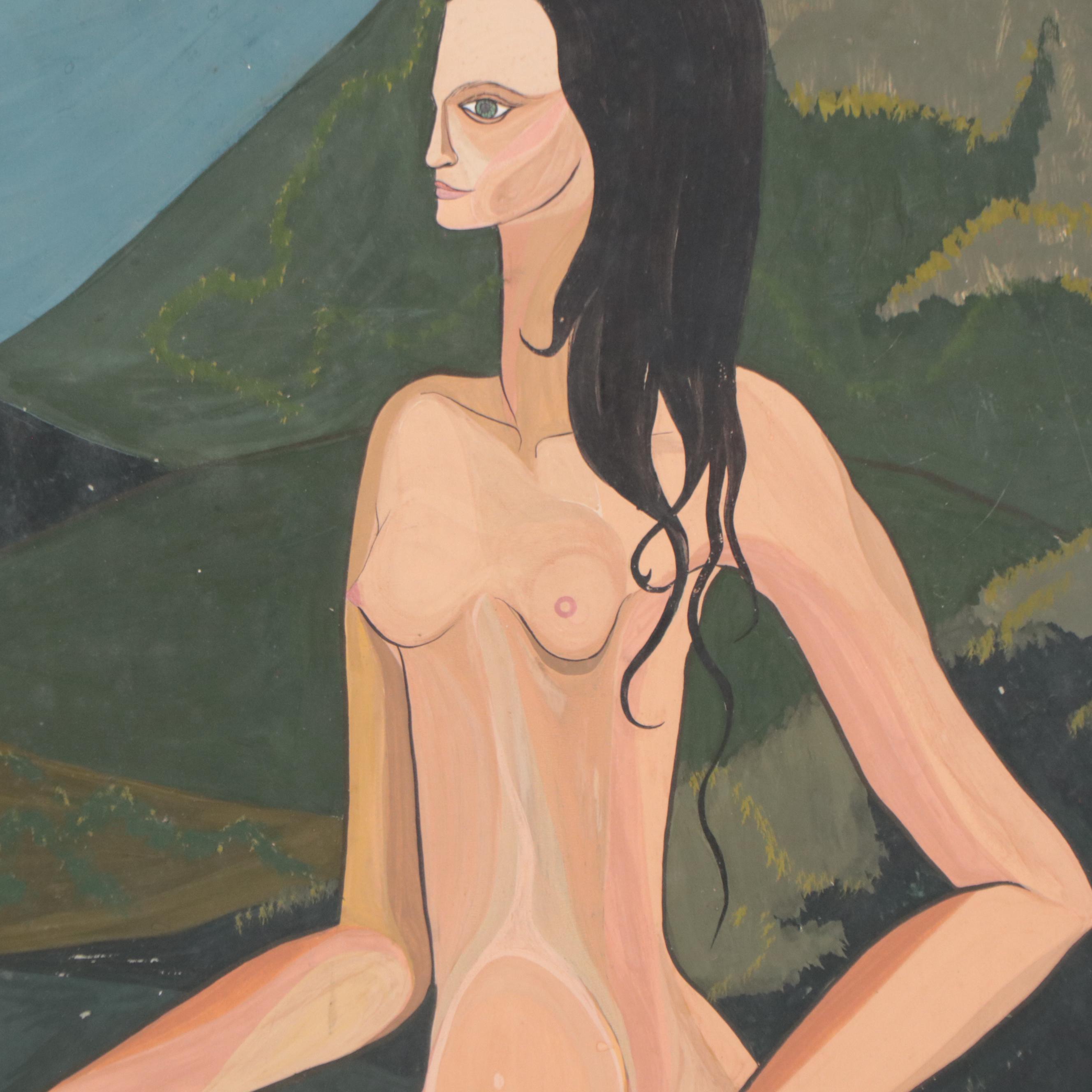 Figural Gouache Painting of Man and Woman in Landscape, 1957