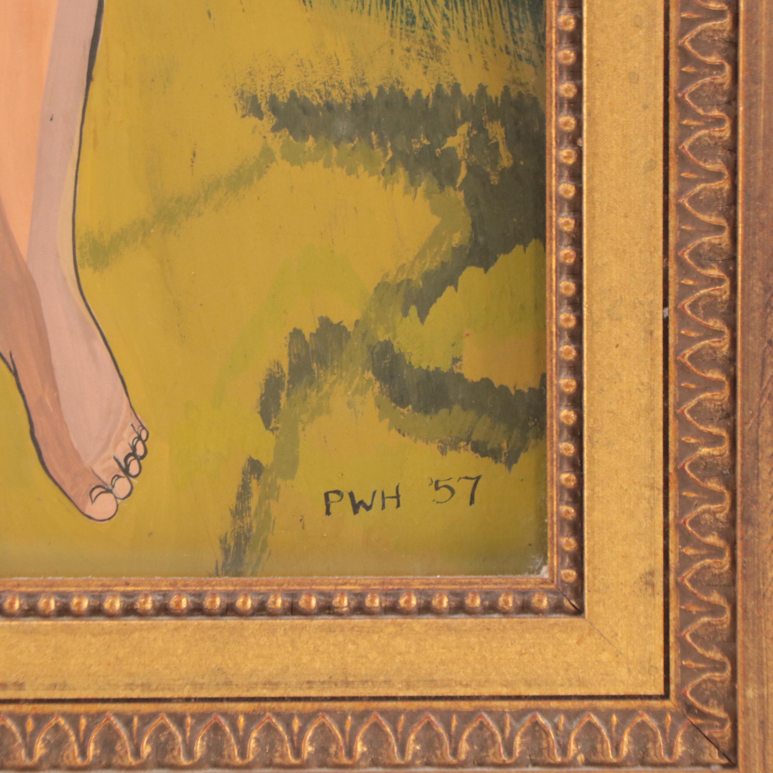 Figural Gouache Painting of Man and Woman in Landscape, 1957